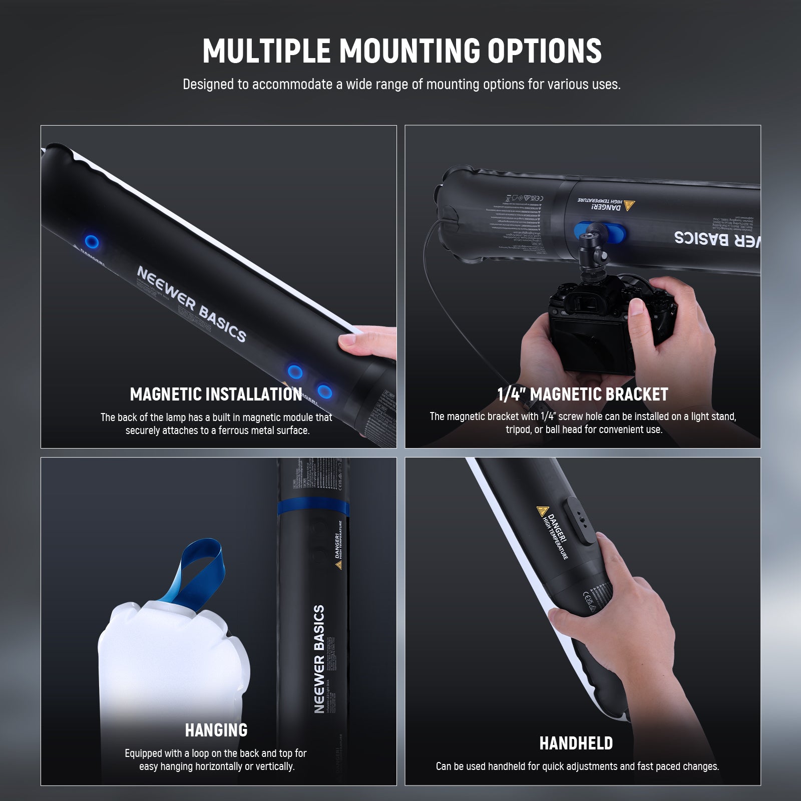 NEEWER GC10B Bi Color Inflatable Handheld LED Fill Light offers multiple mounting options.