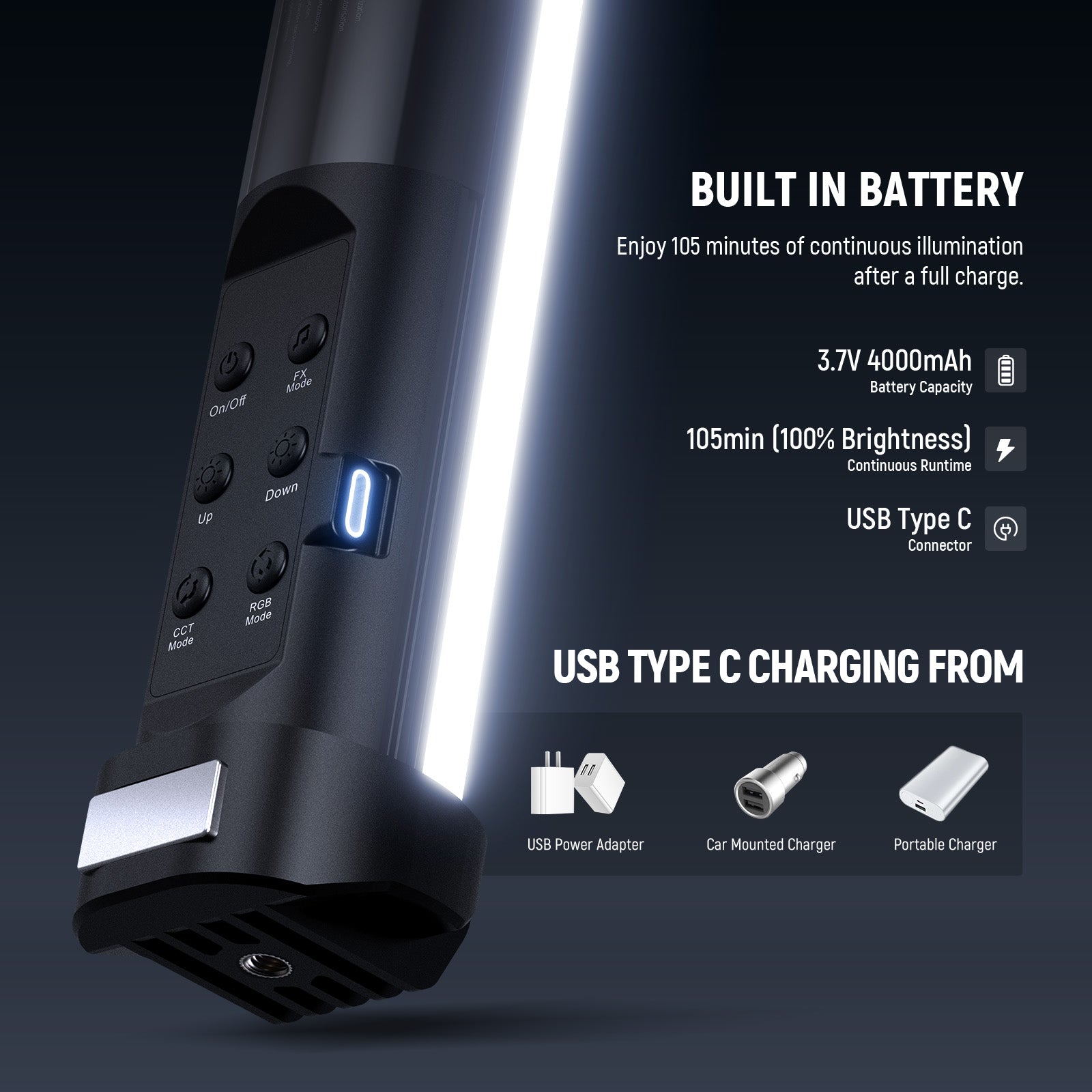 This LED RGB video wand light offers up to 105 minutes of continuous lighting at full brightness.