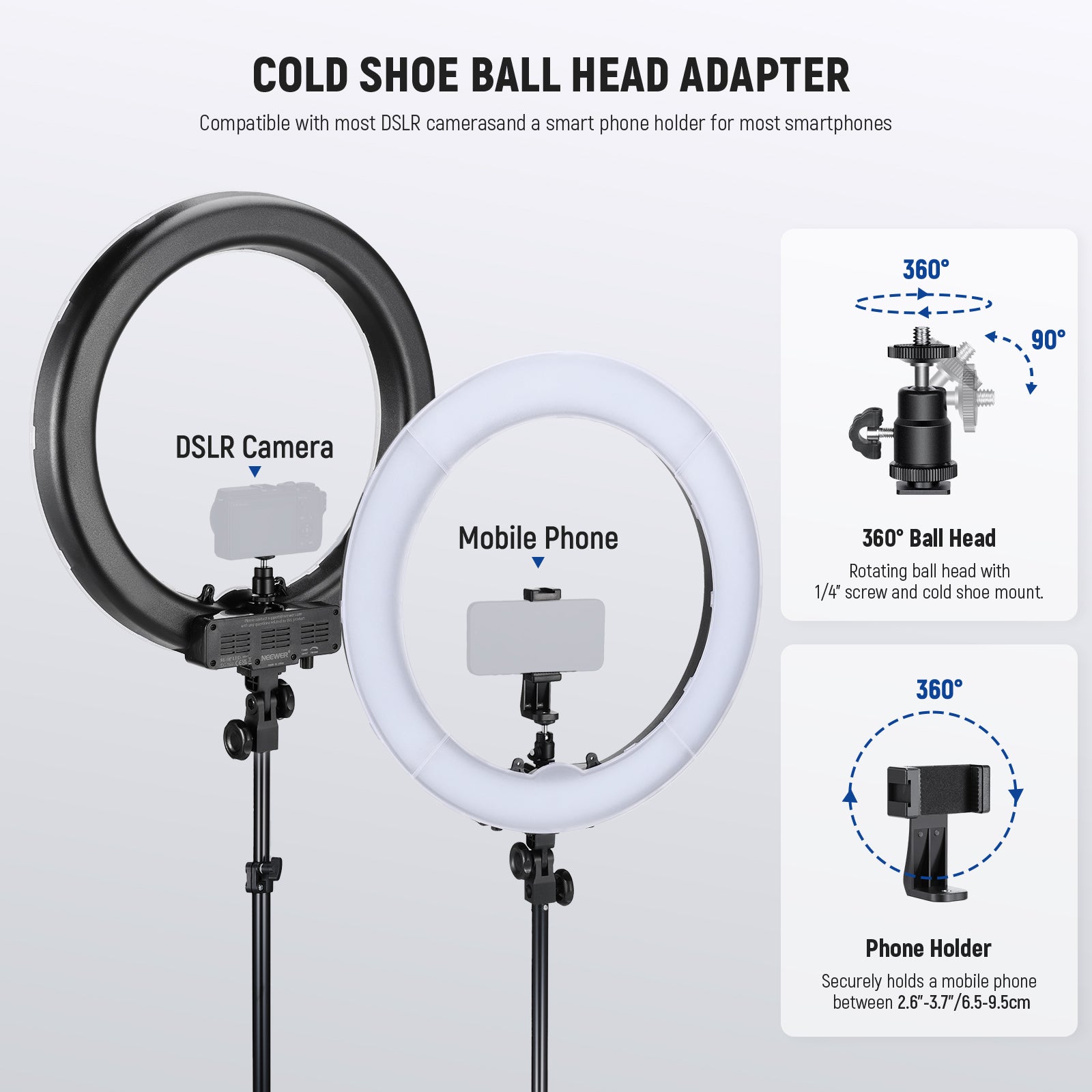 This large standing ring light with stand includes a cold shoe ball head adapter