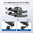 The 3/8" thread and a 3/8" to 1/4" screw adapter accommodate a wide range of camera stands and tripods