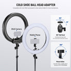 The cold shoe mount adapts to mounting DSLR cameras while the universal phone holder can attach various smartphones