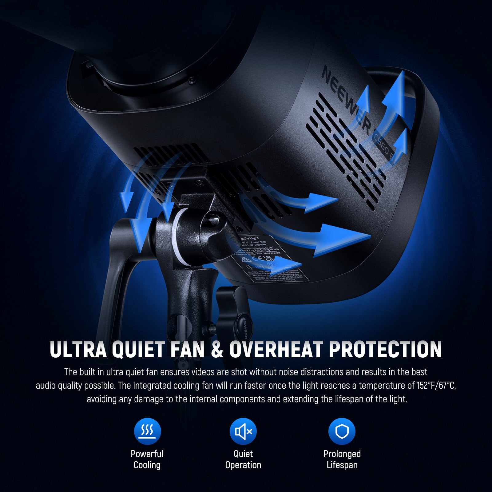 The integrated cooling fan will run faster once the light reaches a temperature of 152°F/67°C