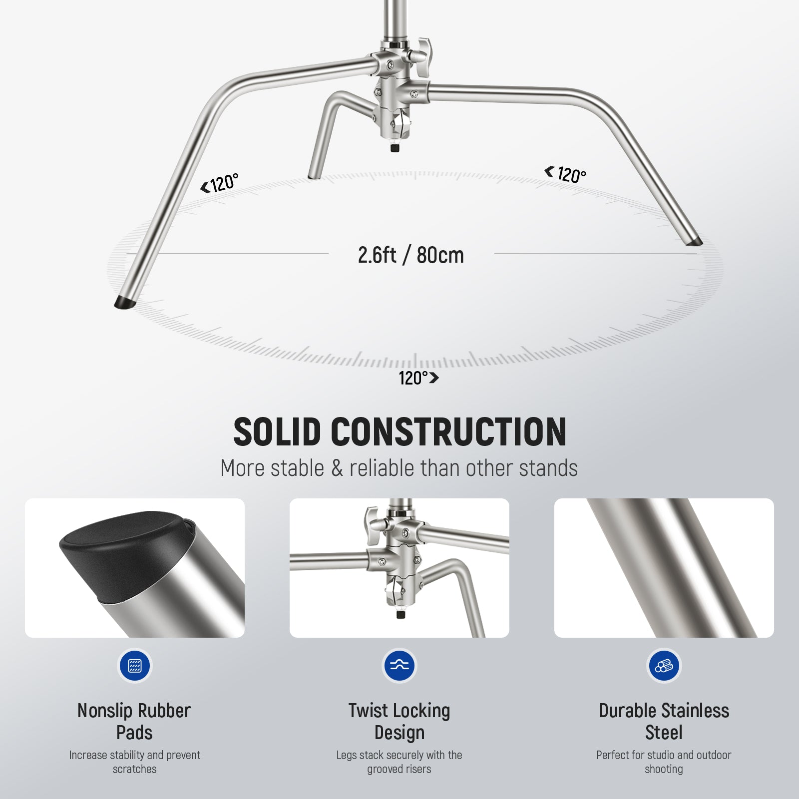 NEEWER SC172 Stainless Steel C-Stand features solid construction.