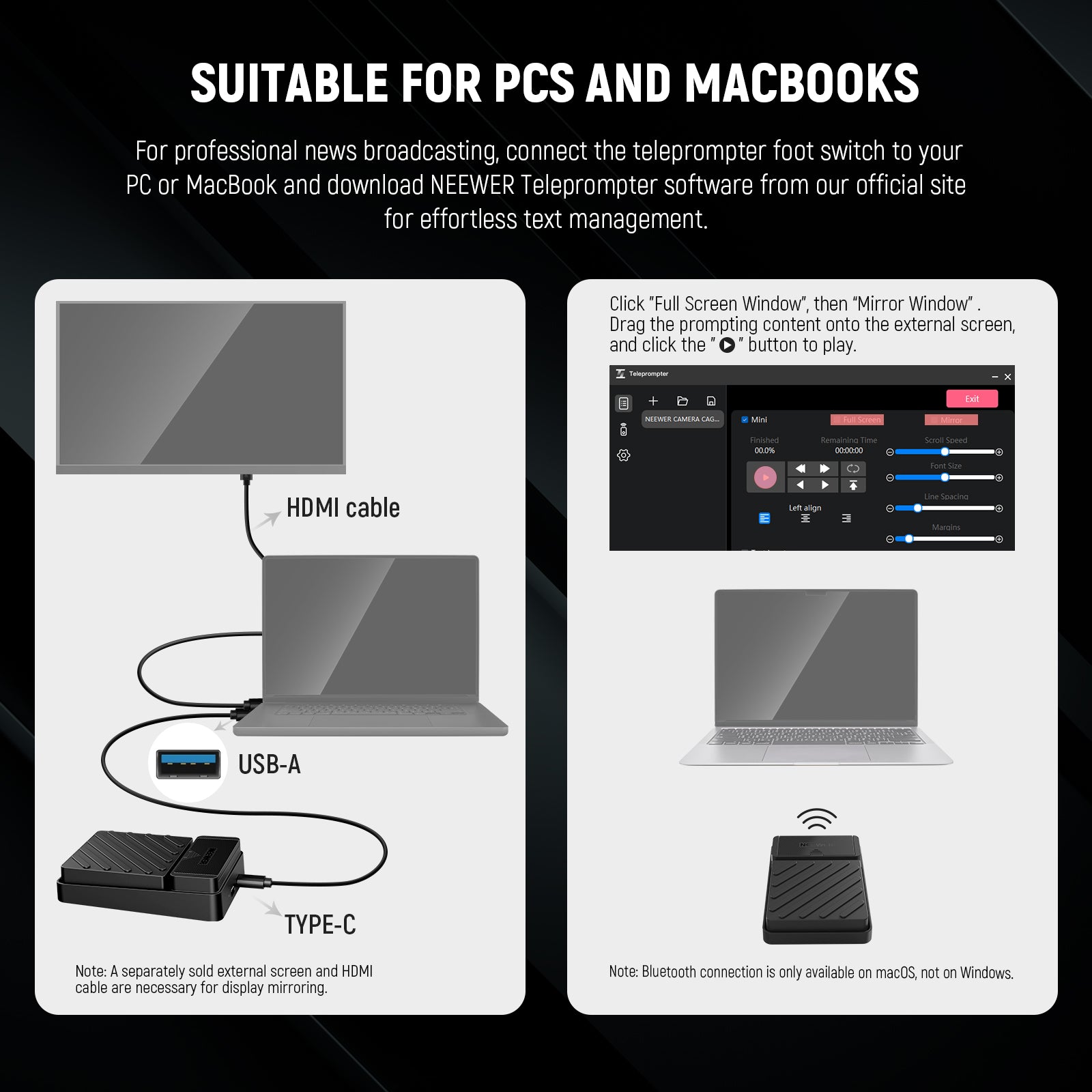 NEEWER Teleprompter Foot Switch for Teleprompter App is suitable for PCS and Macbooks.