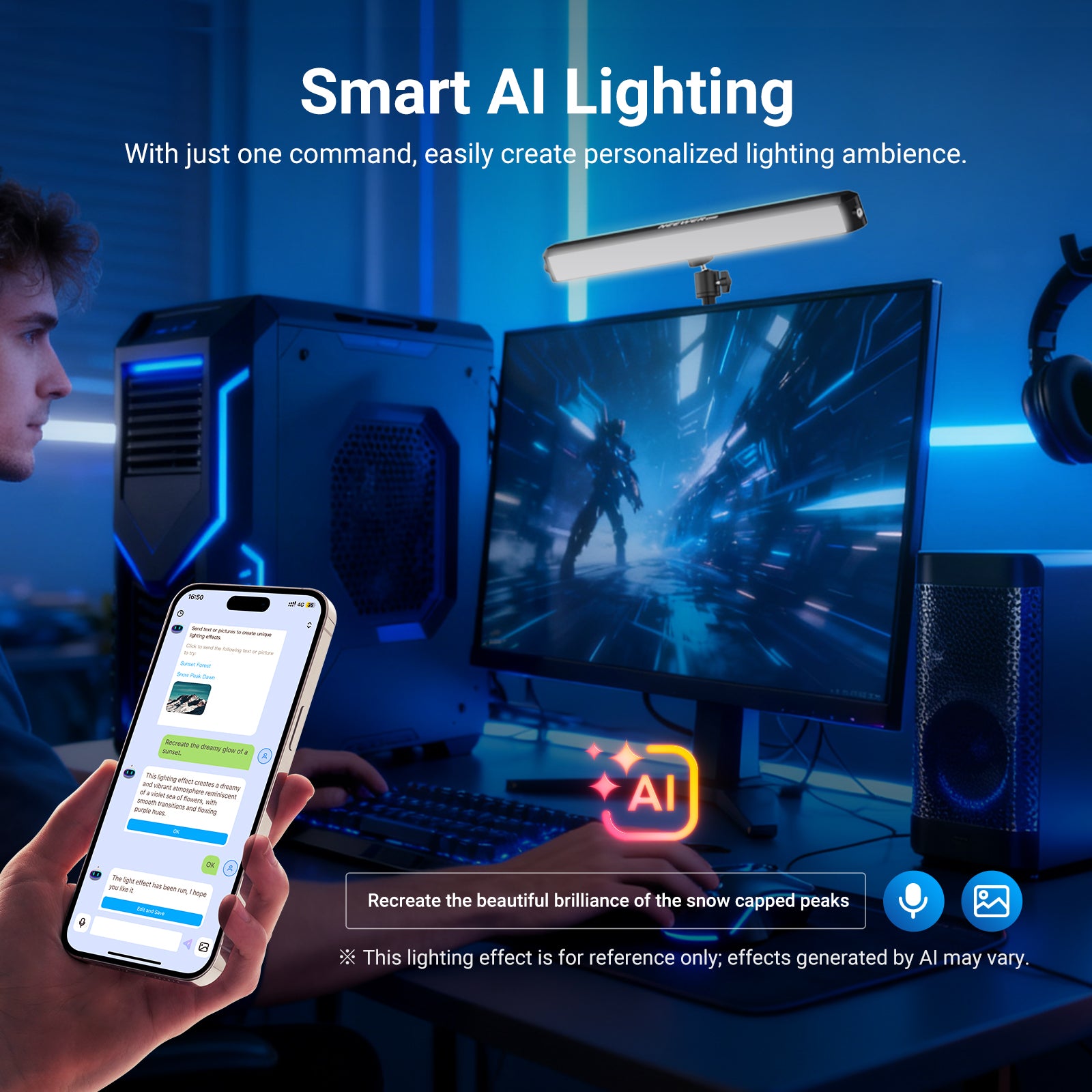 Powered by NEEWER AI Lighting Engine, the modern LED RGB desk lamp for table generates personalized lighting effects via simple voice commands, text, or images.