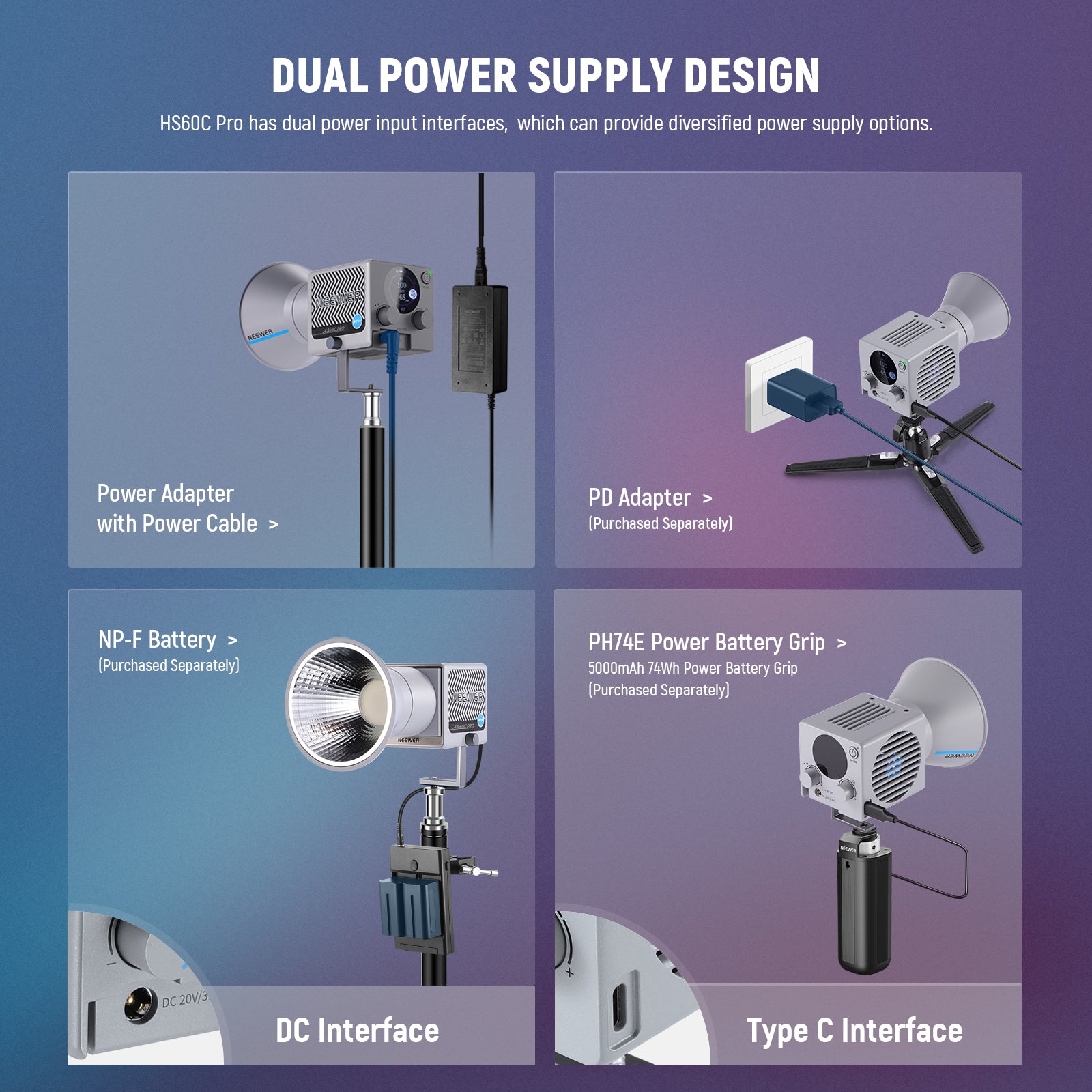 NEEWER HS60C Pro COB Video Light features dual power supply design.