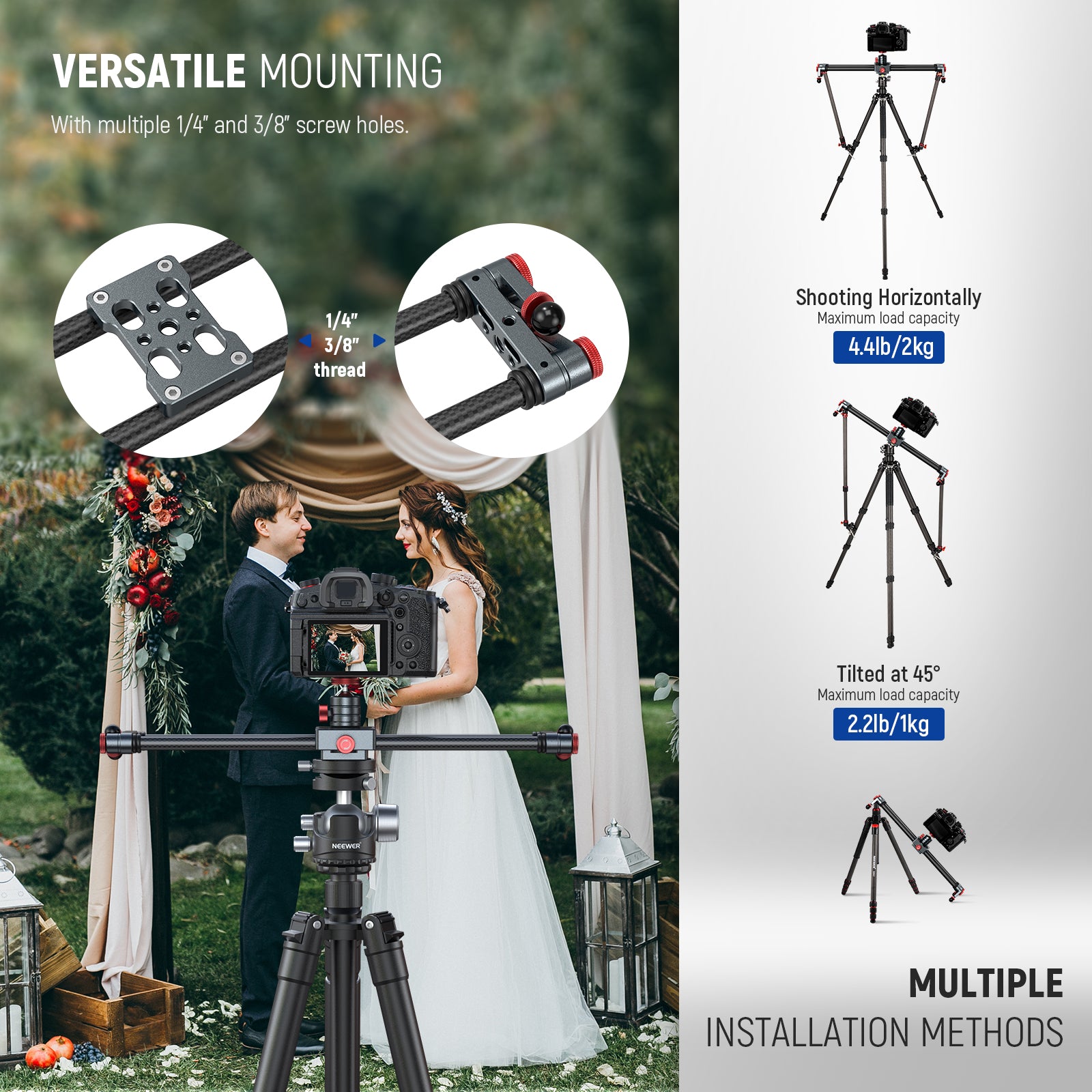 NEEWER CS1M/CS2M Carbon Fiber Camera Slider features with multiple  1/4" and 3/8" screw holes.