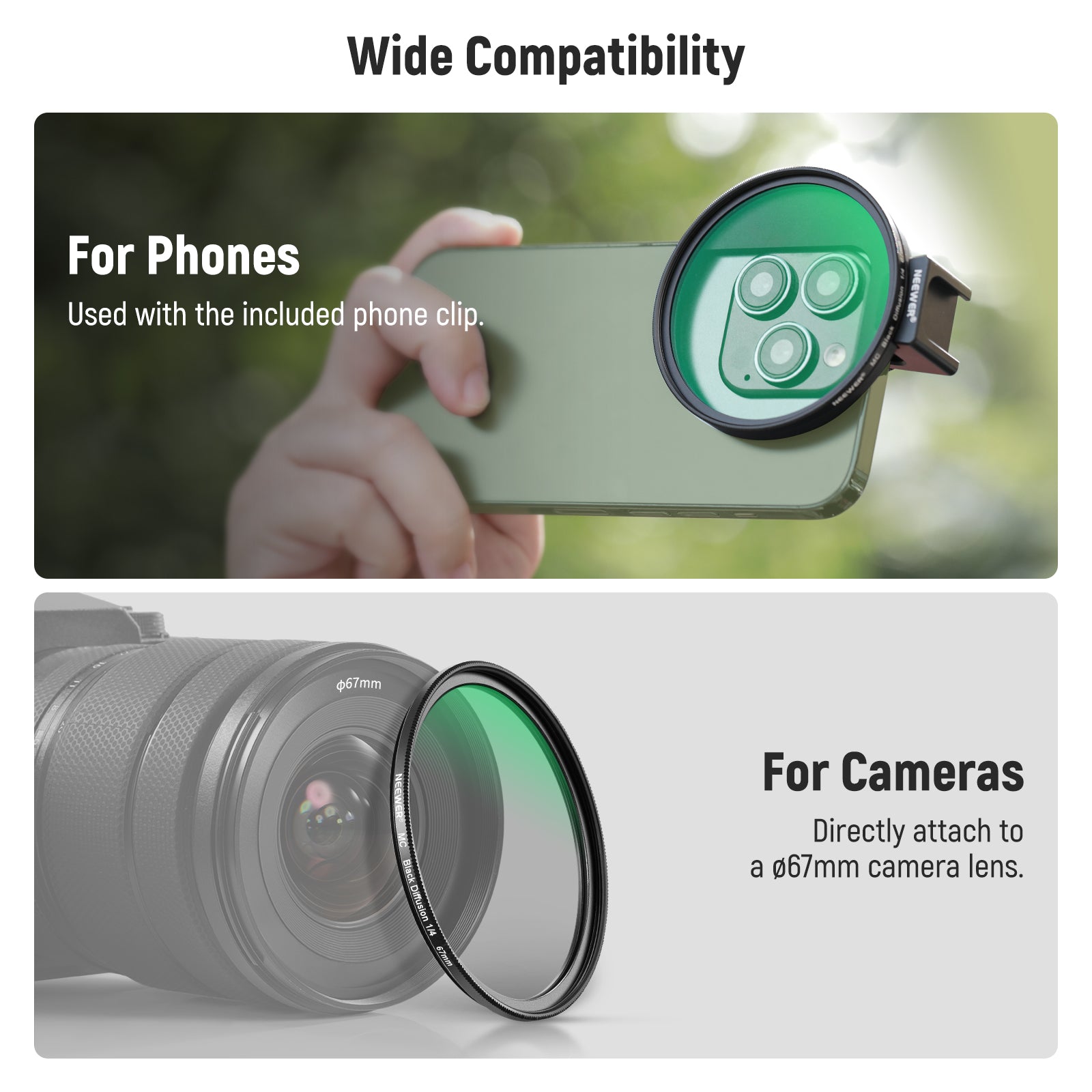 Wide Compatibility of the NEEWER FL-88 67mm 1/4 Black Diffusion Filter & Cold Shoe Phone Clip