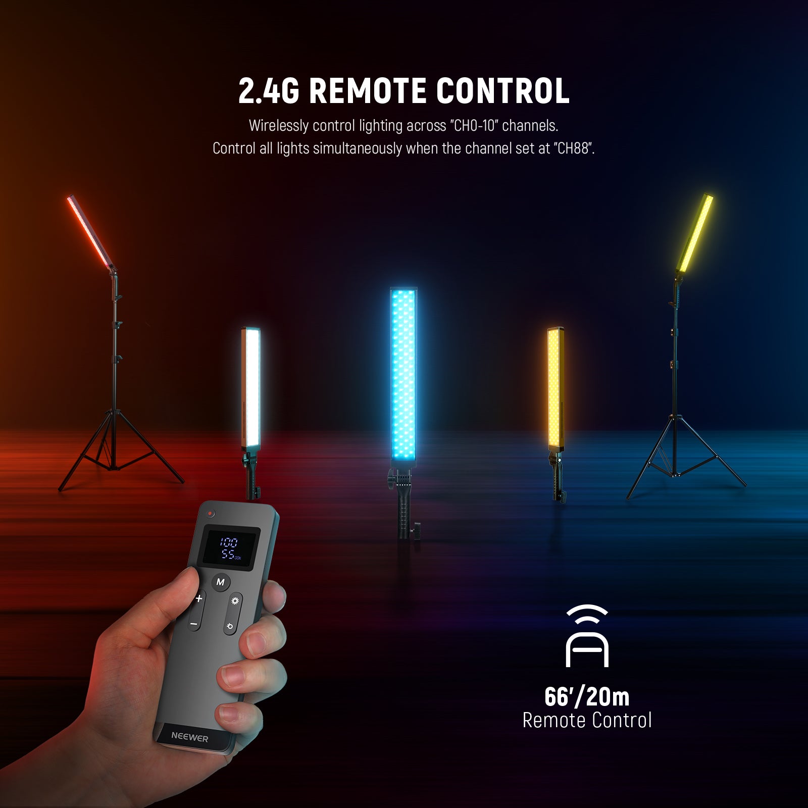 The 2.4G remote offers wireless control up to 66'/20m.