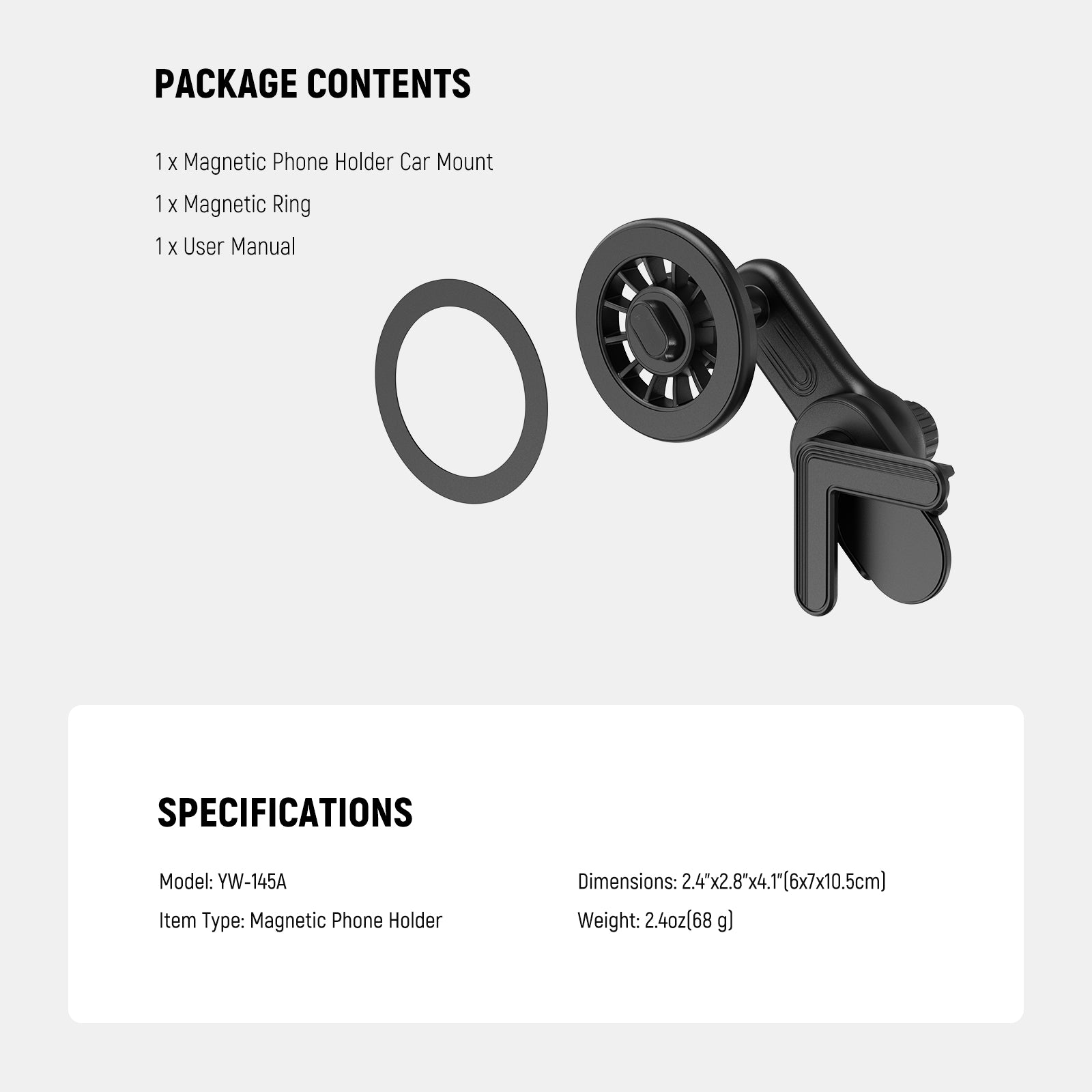 This package includes a magnetic phone holder car mount, a magnetic ring, and a user manual.