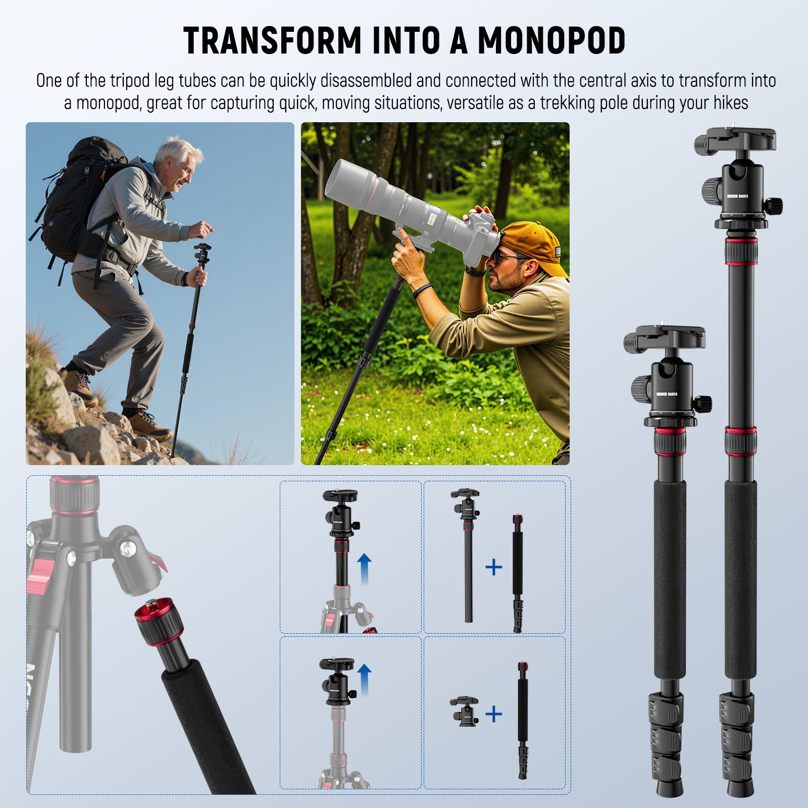 NEEWER TP15 Heavy Duty Travel Tripod can be transformed into a monopod.