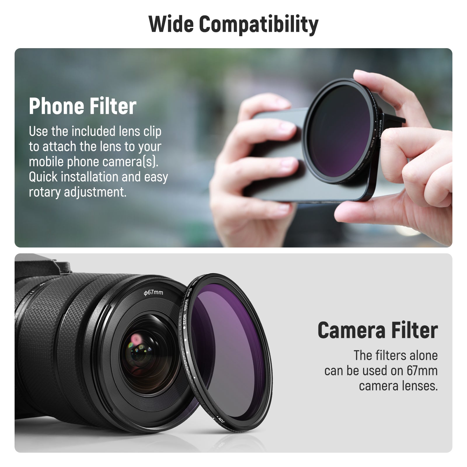 Wide Compatibility of the NEEWER 67mm Clip On Variable Filter Kit for Phone Lens