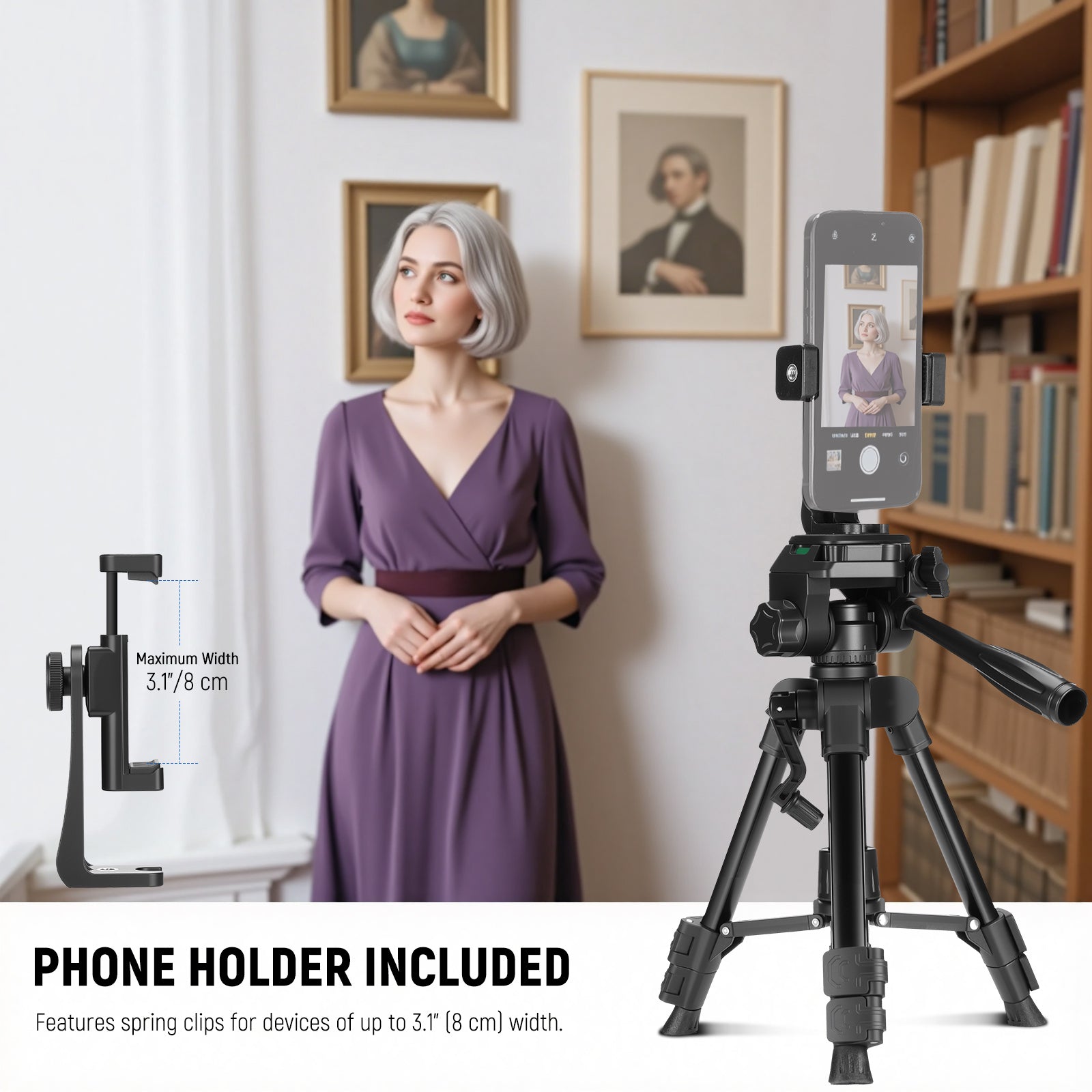 NEEWER TP52 Mini Desk Tripod Kit includes a phone holder.