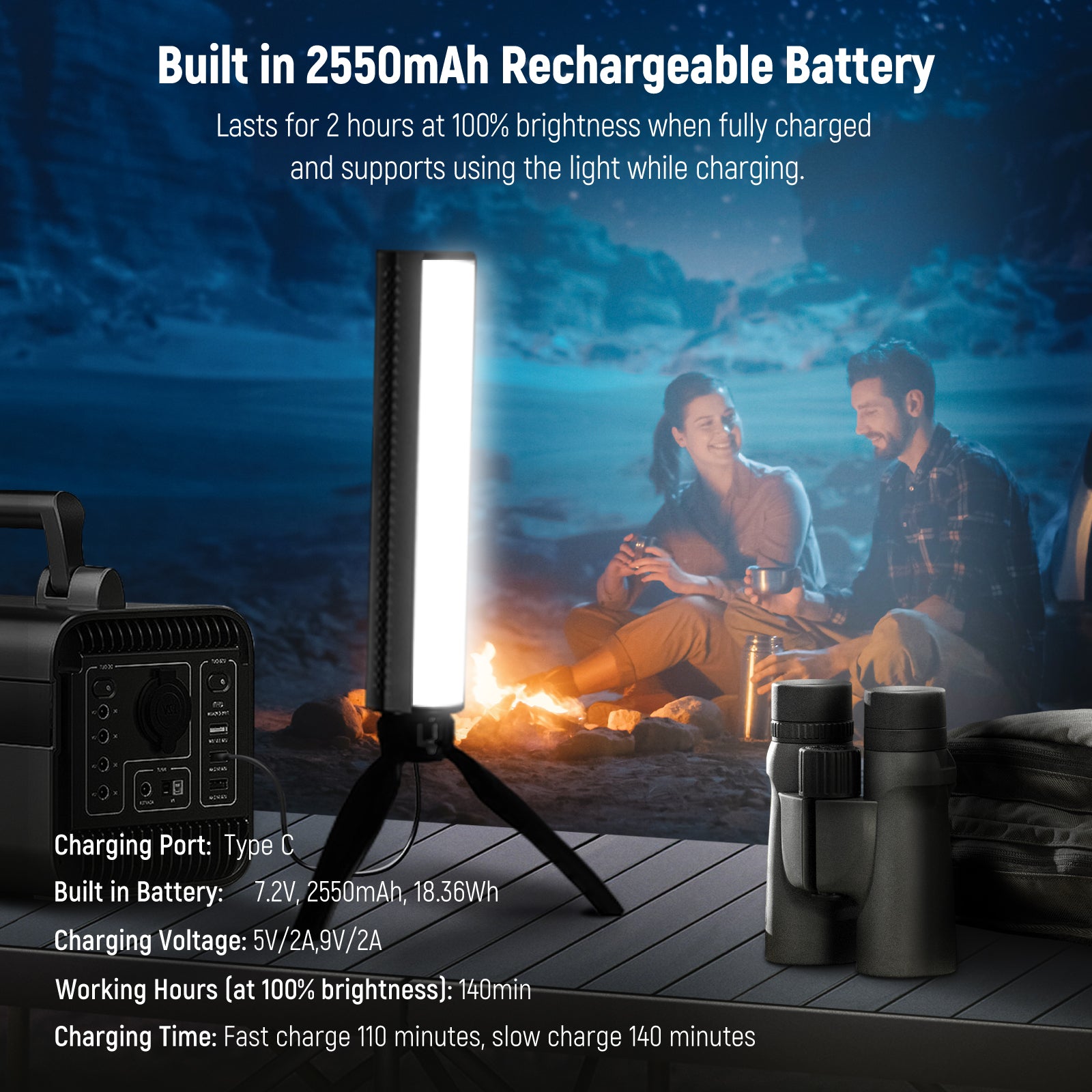 This tube light delivers up to 140 minutes of continuous 100% brightness lighting