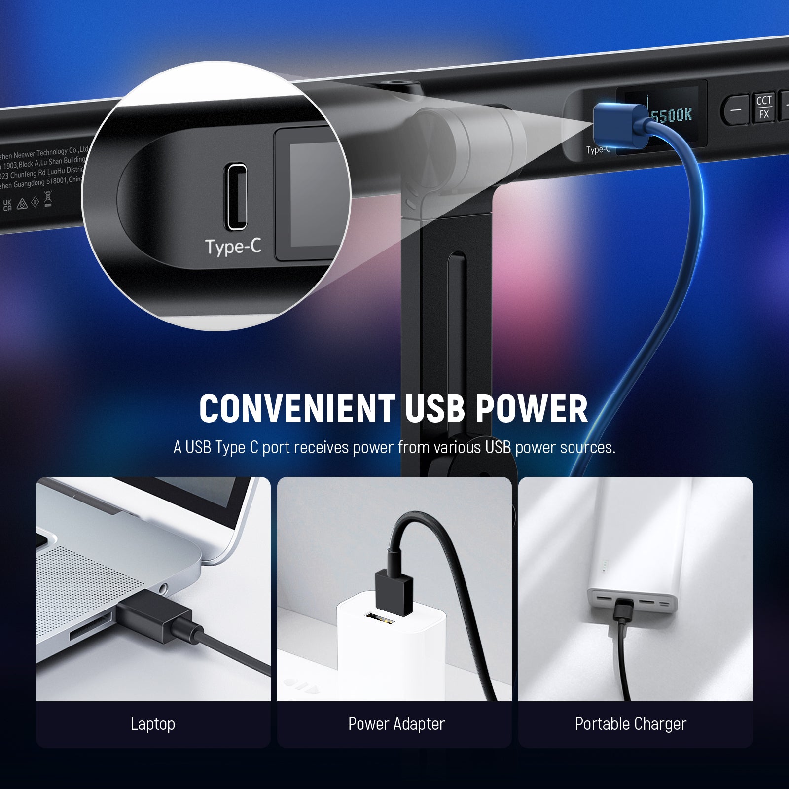 this streaming light can receive power source from a computer, USB power adapter, or portable charger.