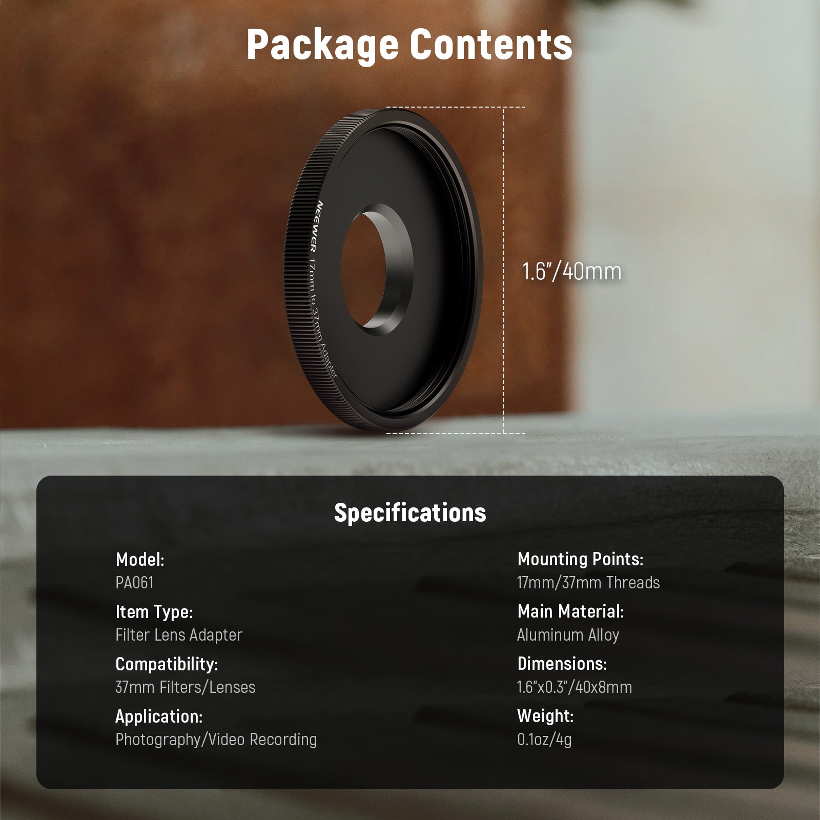 Package Contents of the NEEWER PA061/PA062 Lens Filter Adapter Ring