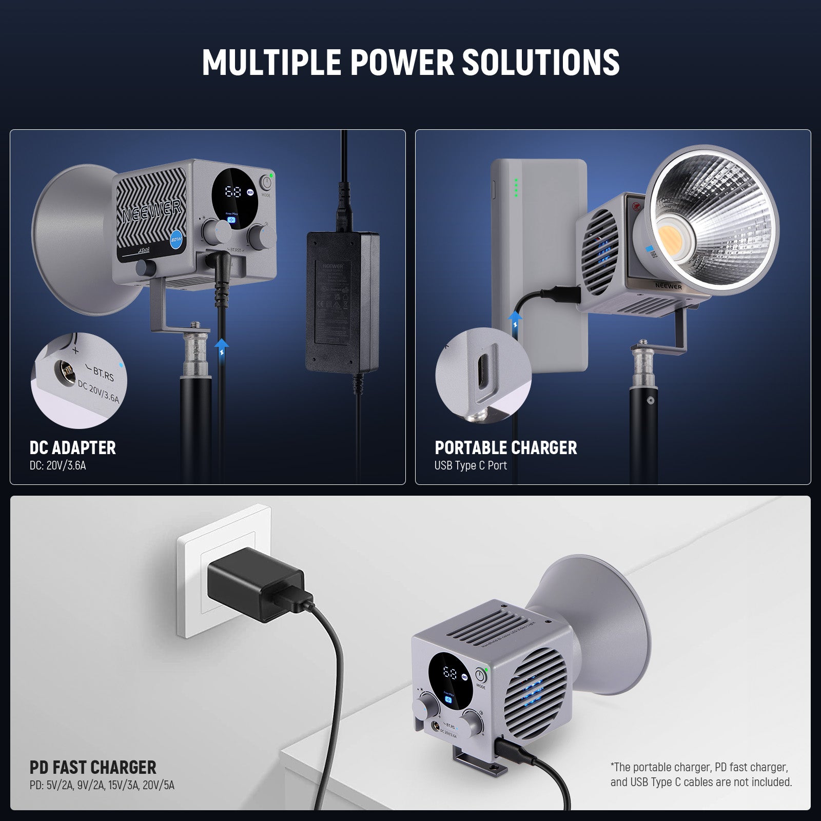 NEEWER HS60B Bi-Color Mini Light supports multiple power solutions.