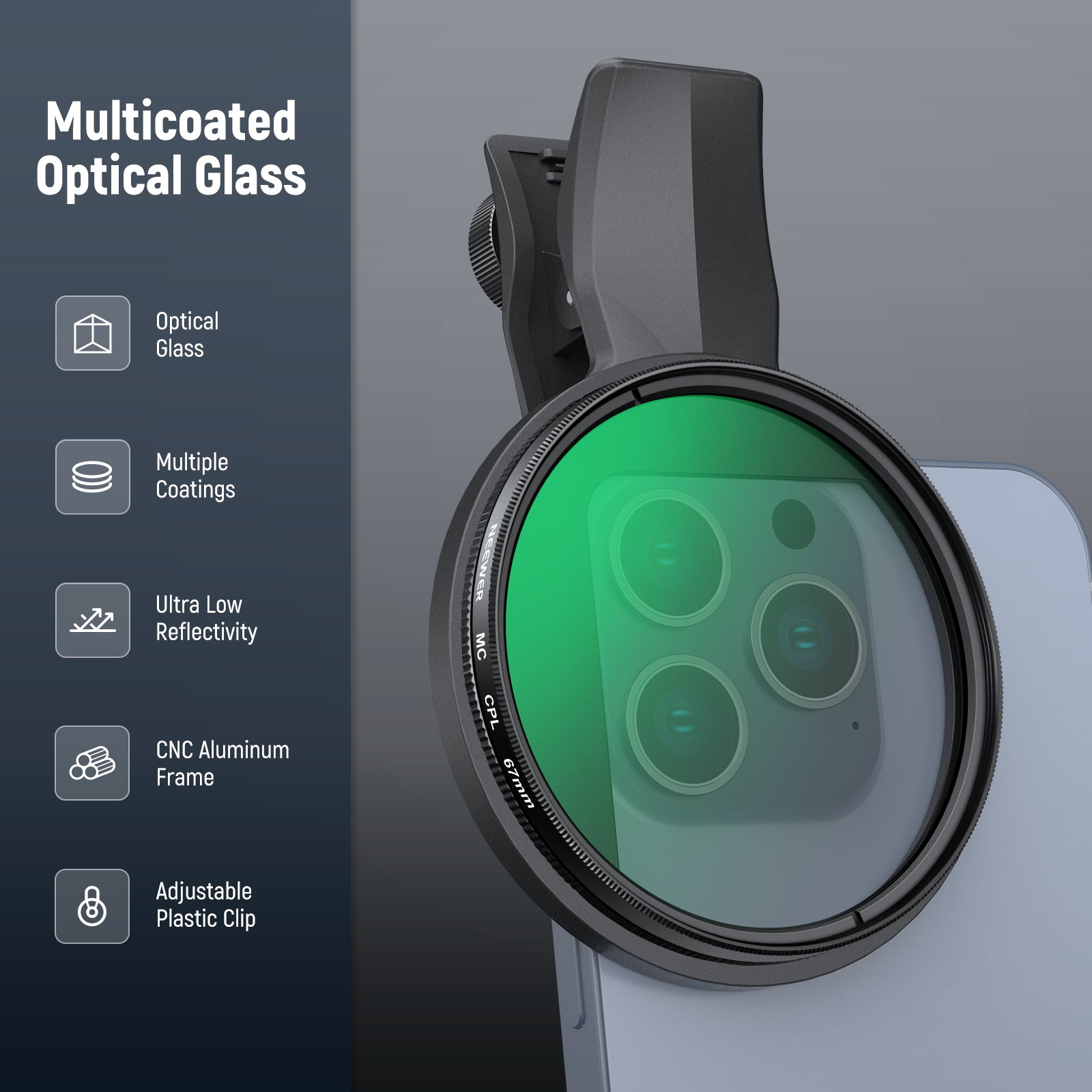 NEEWER FL-B23 67mm Clip On CPL Filter features multicoated optical glass.