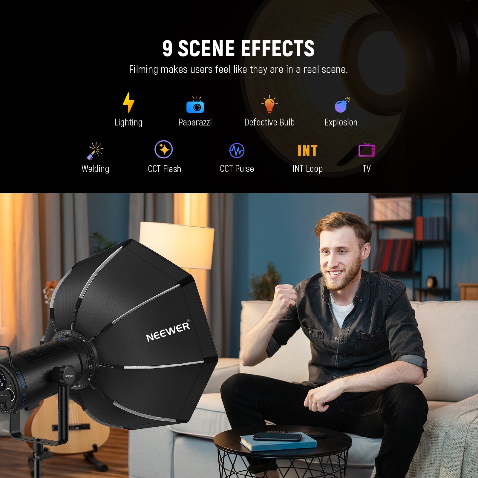 NEEWER CB200 210W LED Video Light offers 9 scene effects.