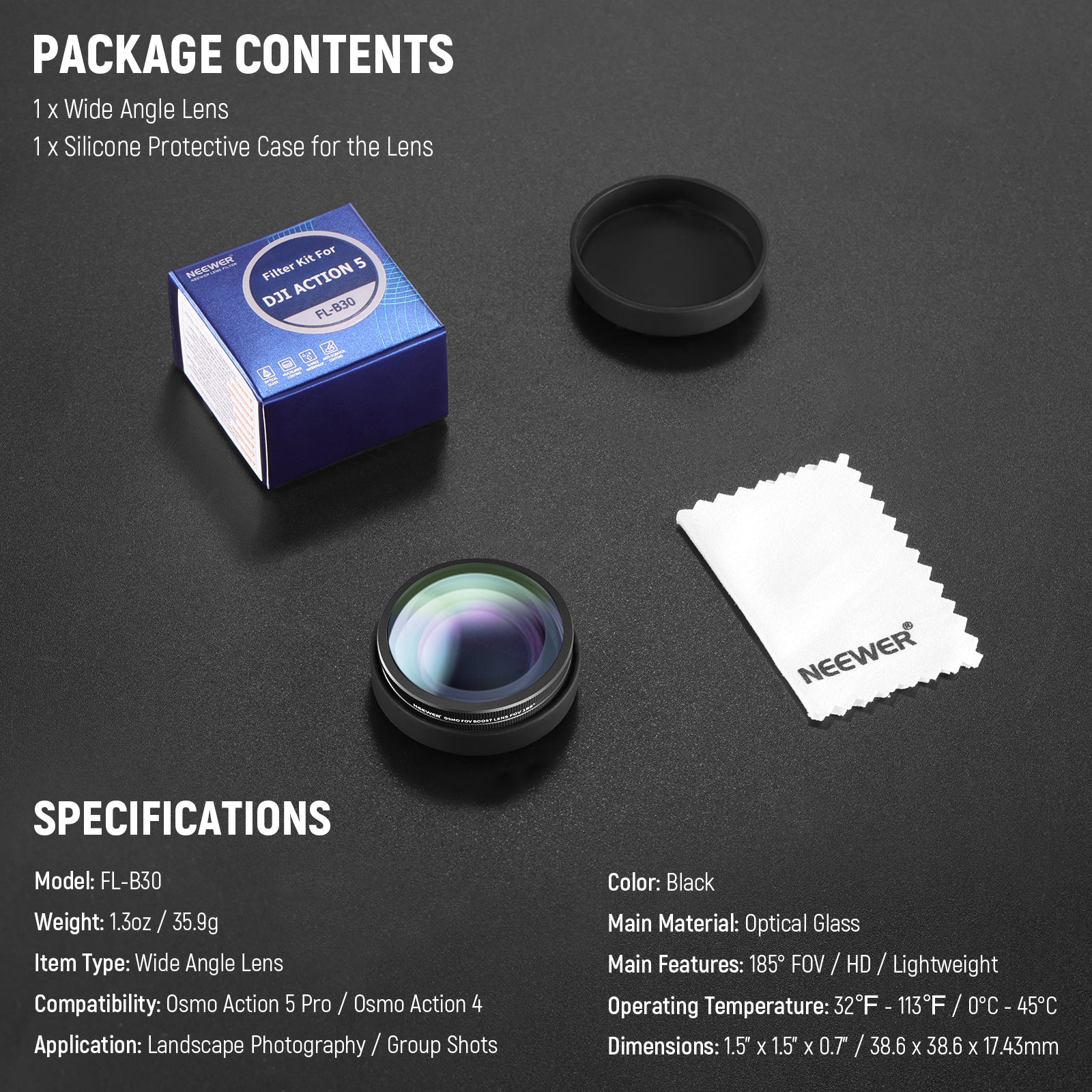 Package Contents of the NEEWER FL-B30 185° FOV Wide Angle Lens for Action 5 Pro/4 Kit