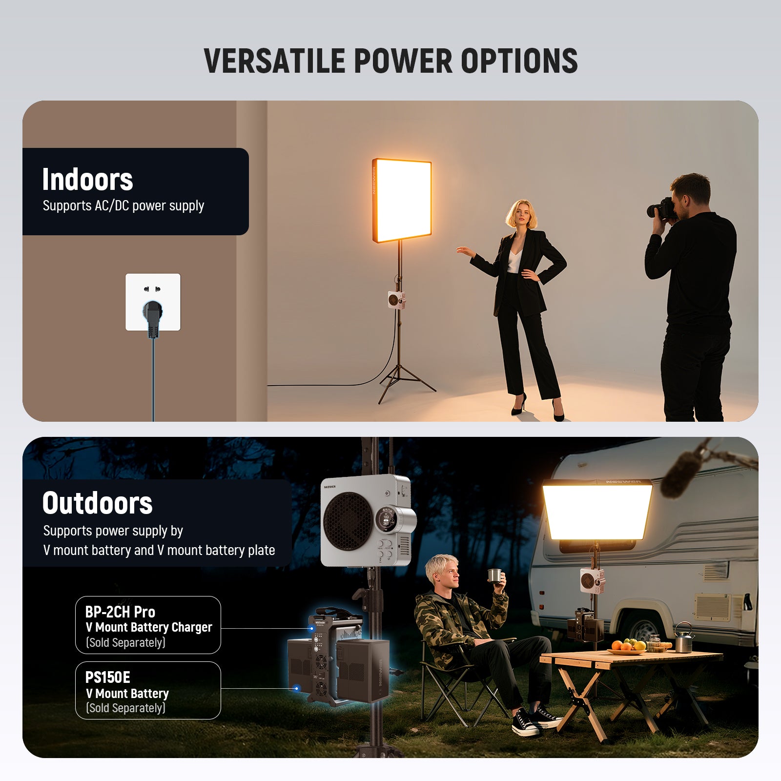 NEEWER AF200C Flexible Fabric LED RGB Video Light offers versatile power options