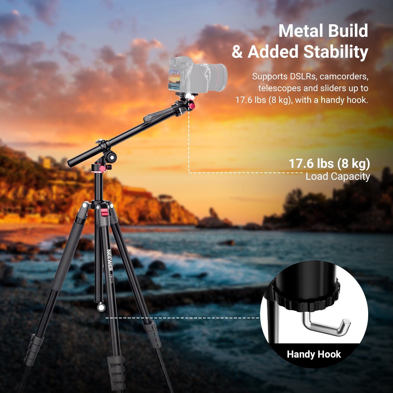 NEEWER TP015 Overhead Camera Tripod supports DSLRs, camcorders, telescopes, and sliders up to 8 kg, with a handy hook.
