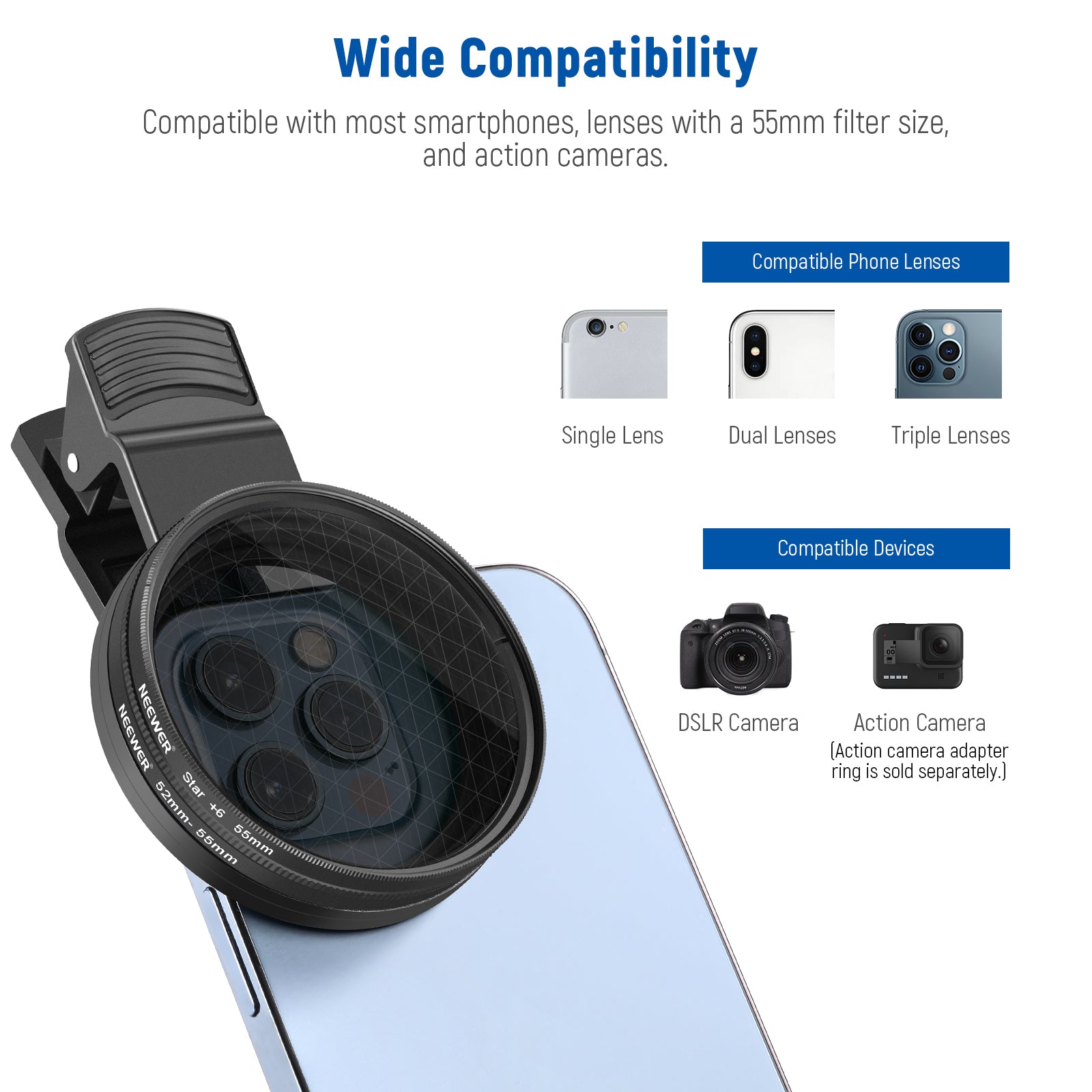 Wide Compatibility of the NEEWER 55mm Lens Filters Kit for Phone & Camera