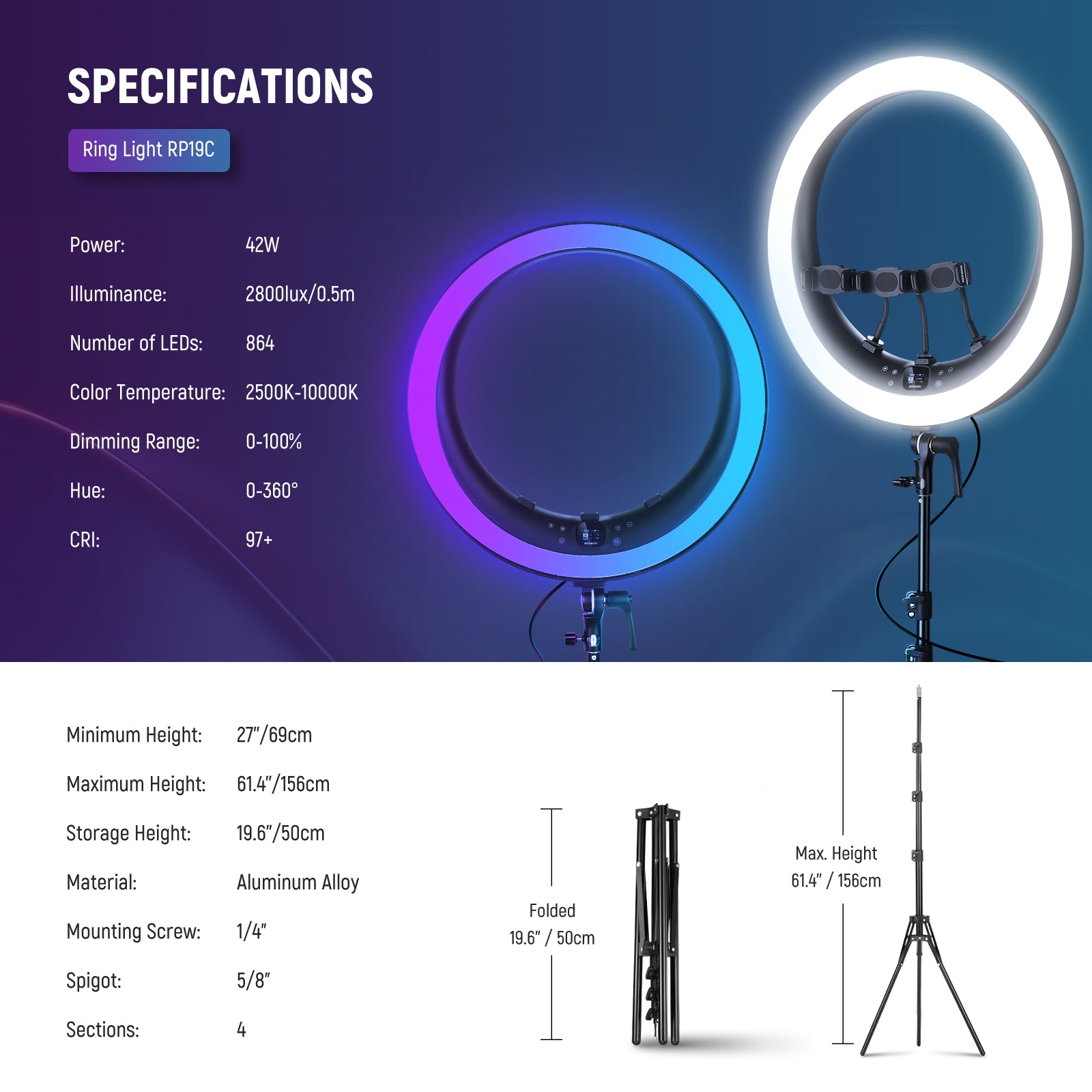 Specifications of the NEEWER RP19C 19" RGB LED Ring Light