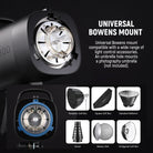 The standard Bowens mount and umbrella socket can work with light shapers