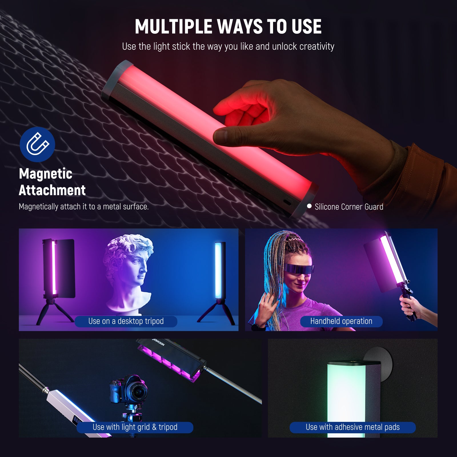 NEEWER RGB1 LED Tube Light Stick offers multiple ways to use.