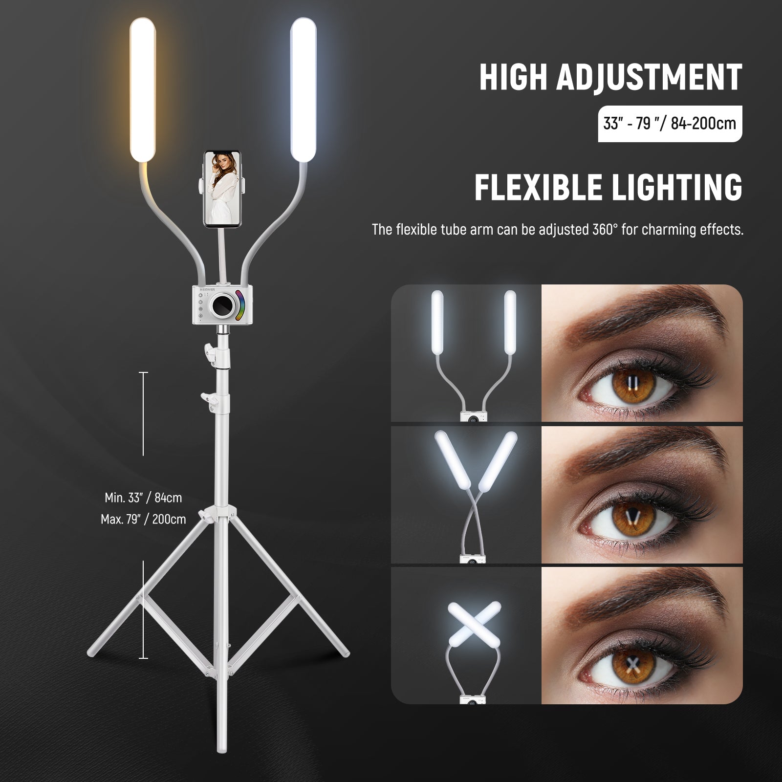 The tube arm of the NEEWER BH40C RGB Esthetician Light can be adjusted 360°.