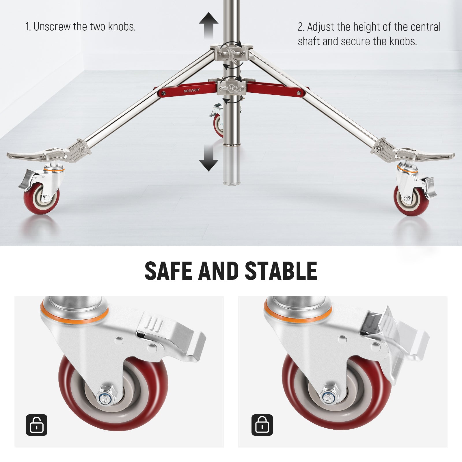 NEEWER ST240SS Rolling Light Stand is stable.