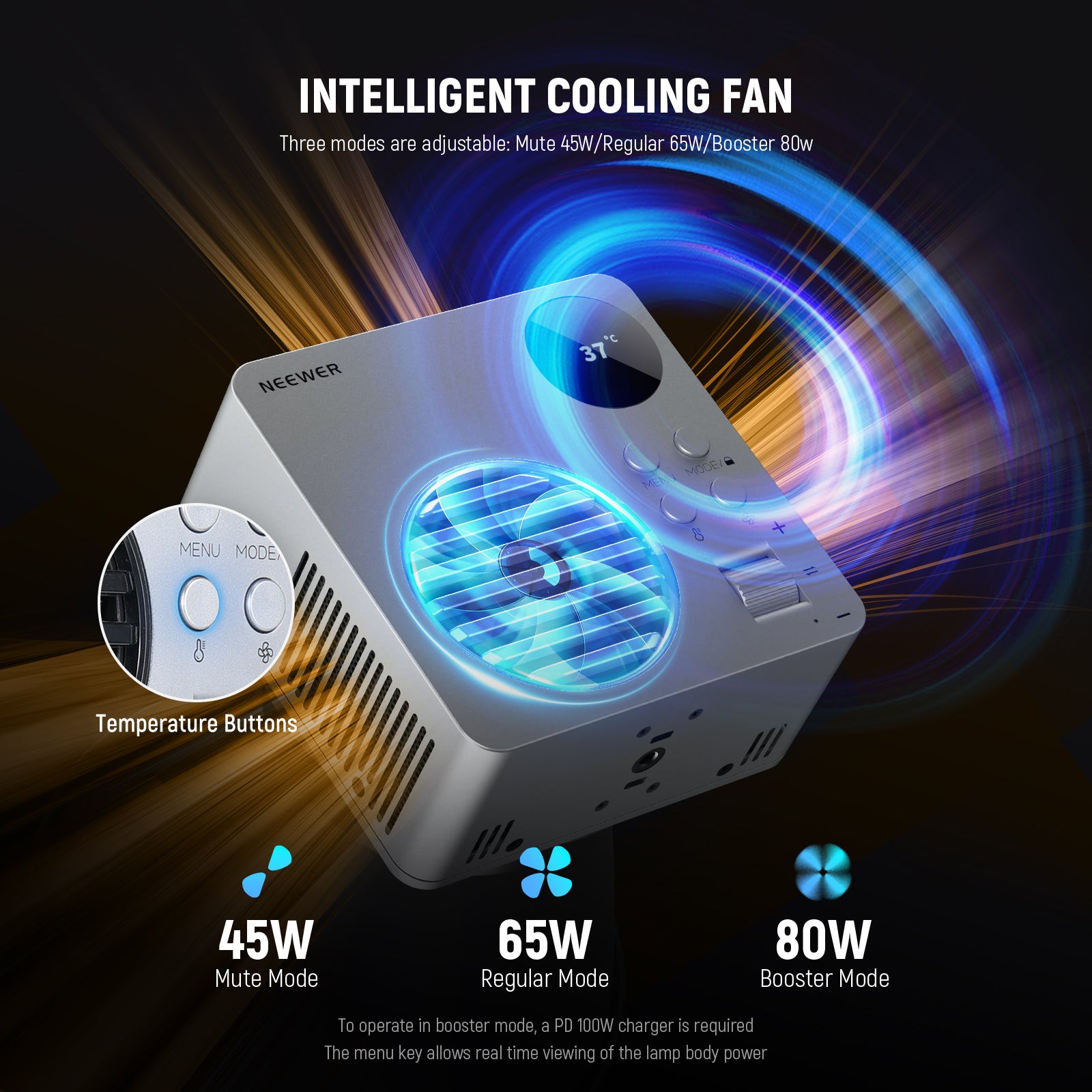 The built in cooling fan supports three modes.