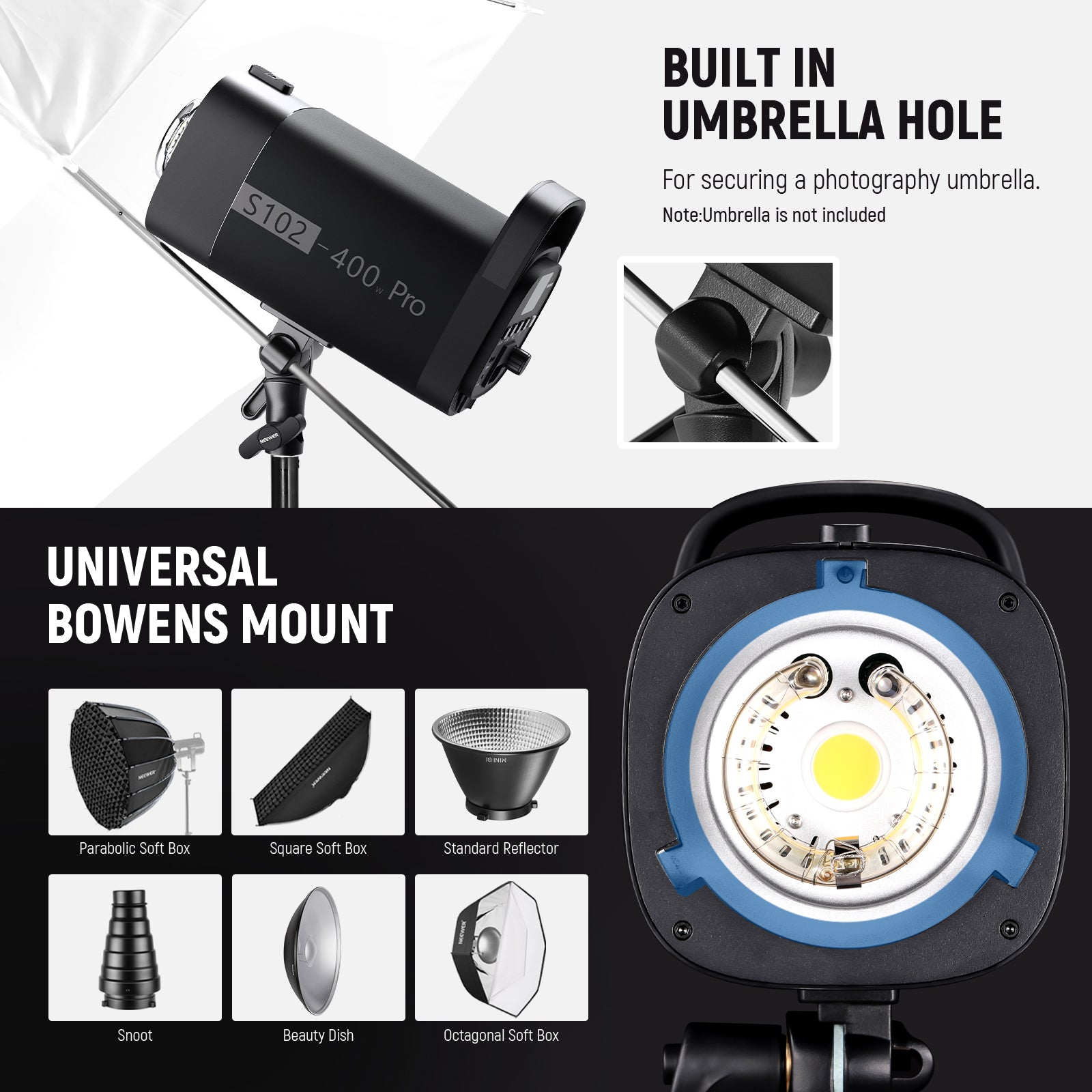 The standard Bowens mount can connect various light modifiers