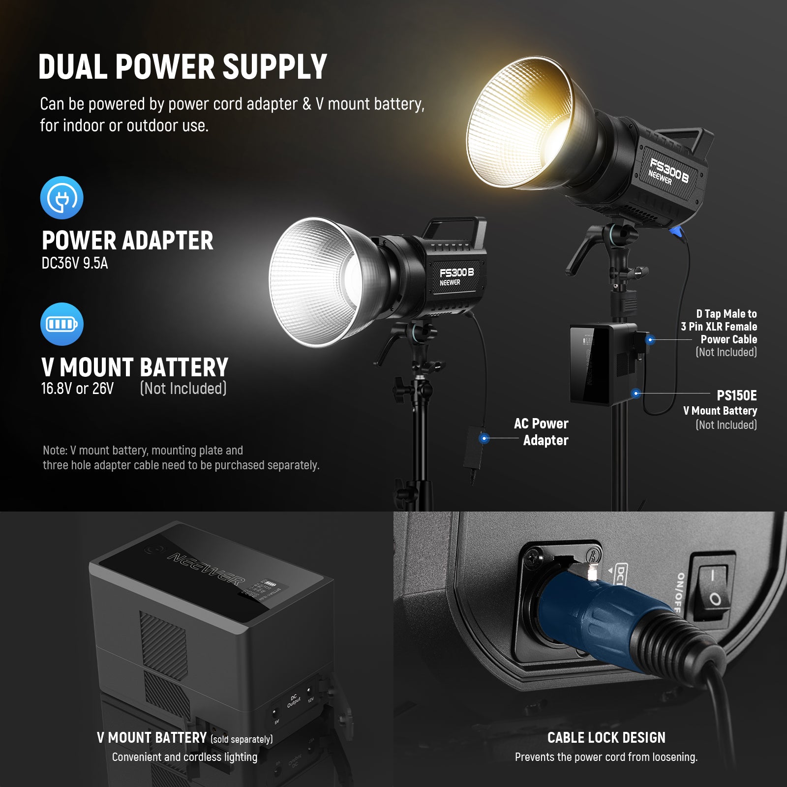 NEEWER FS300B Bi-Color LED Video Light can be powered by the power adapter and power cord for continuous running.