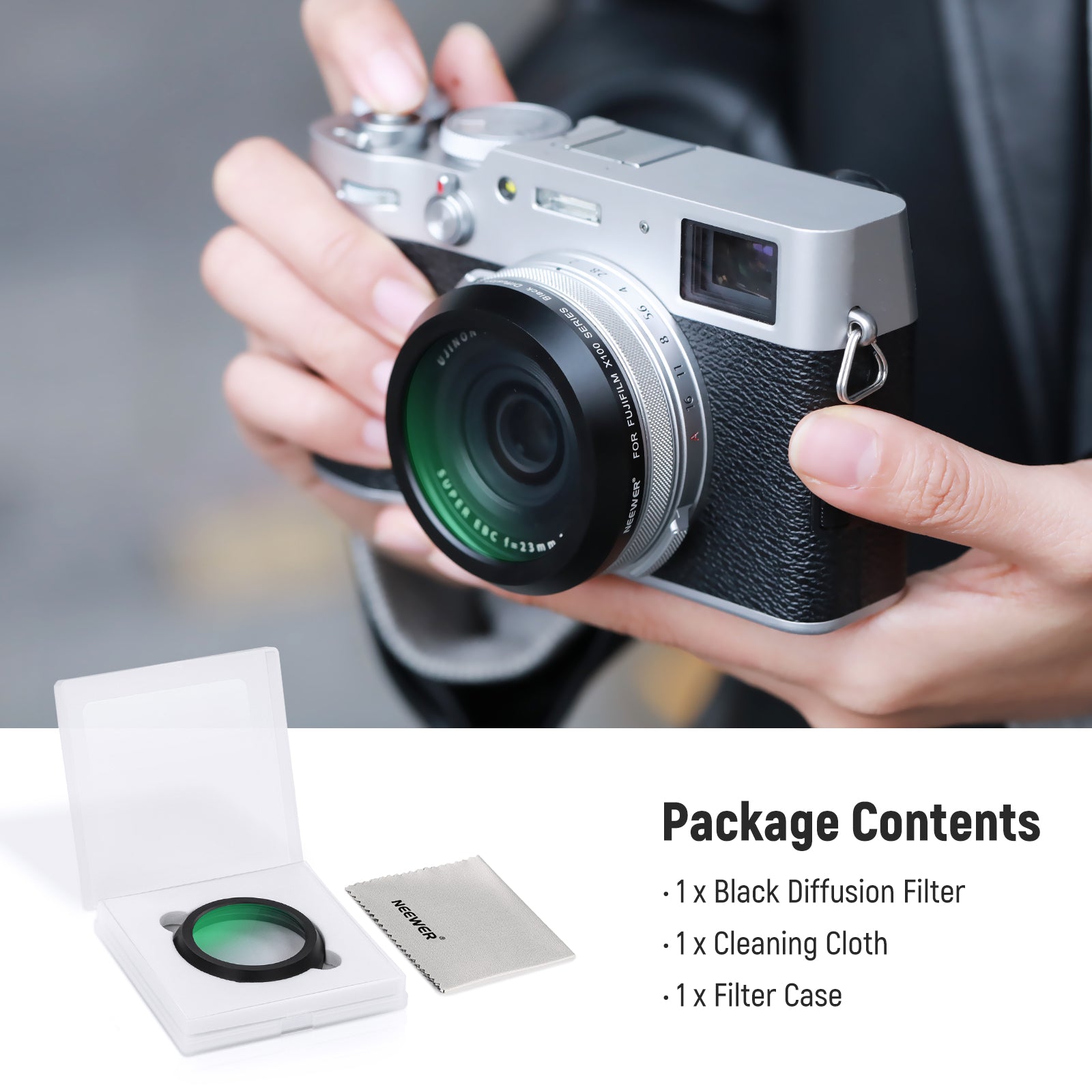Package Contents of the NEEWER black diffusion camera lens filter for X100 series cameras