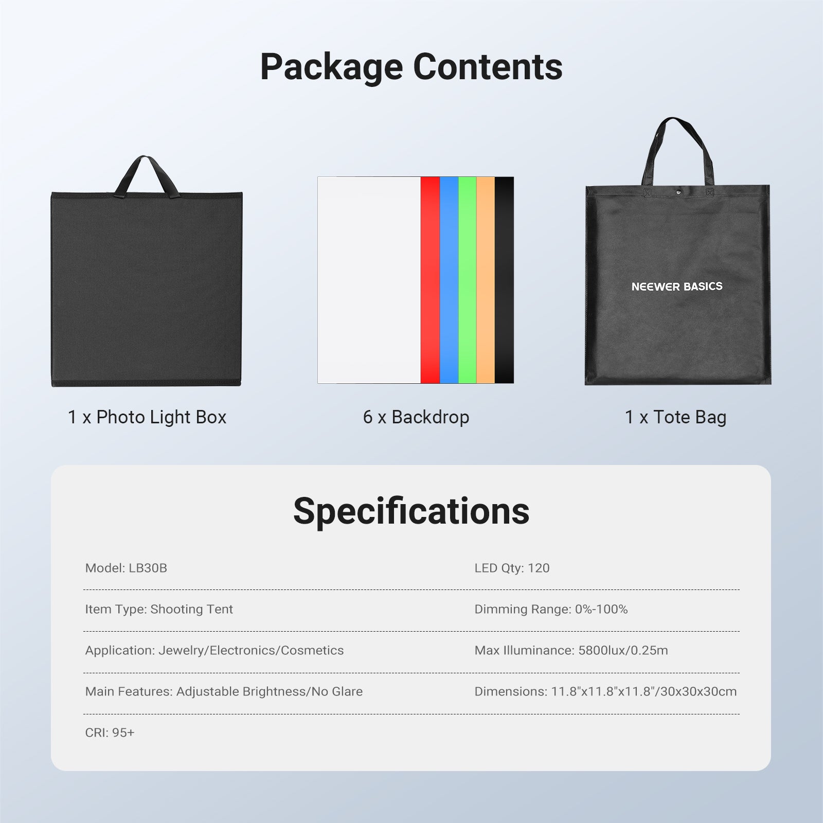 This package includes a photo light box, six backdrops, and a tote bag.
