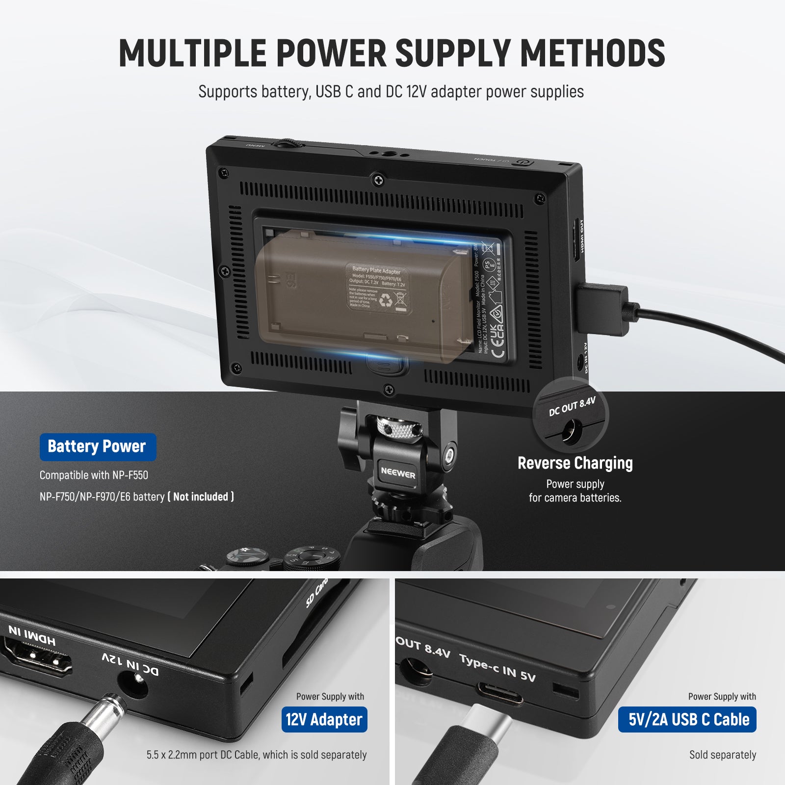 NEEWER F500 External Camera Monitor supports multiple power supply methods.