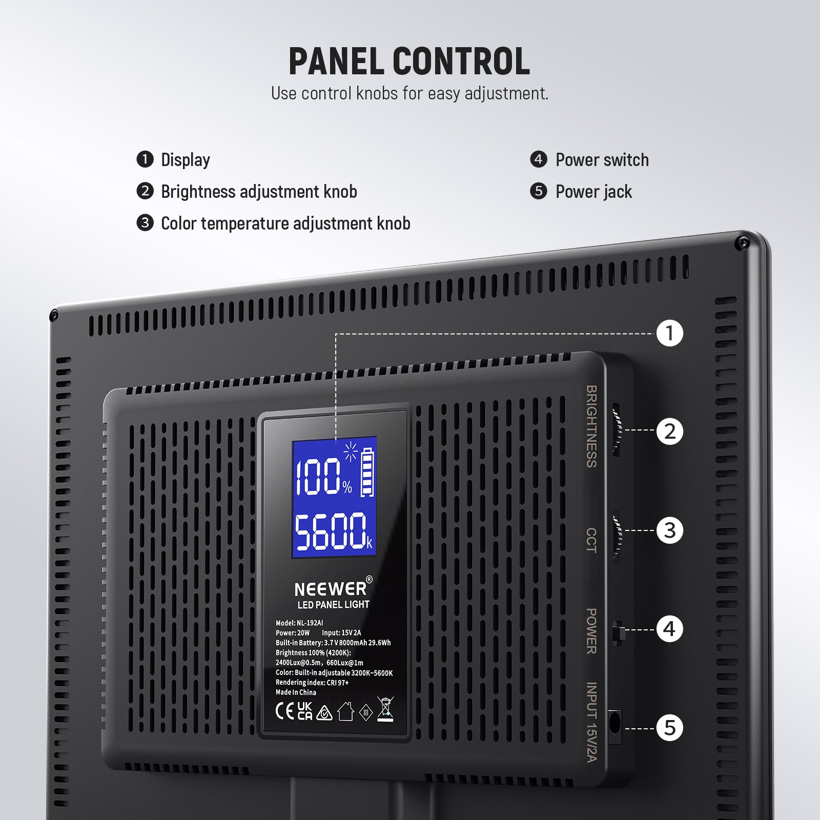 Use control knobs to adjust the NEEWER NL-192AI Bi-Color LED Panel Light