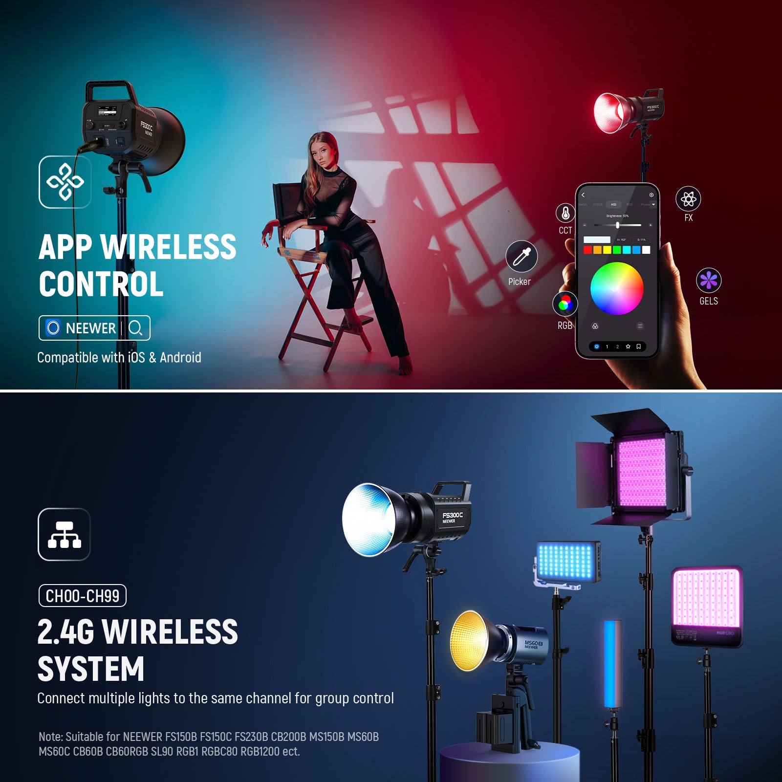 Methods for Controlling NEEWER FS300C 300W Precisely Dimmed Full RGB Video Light