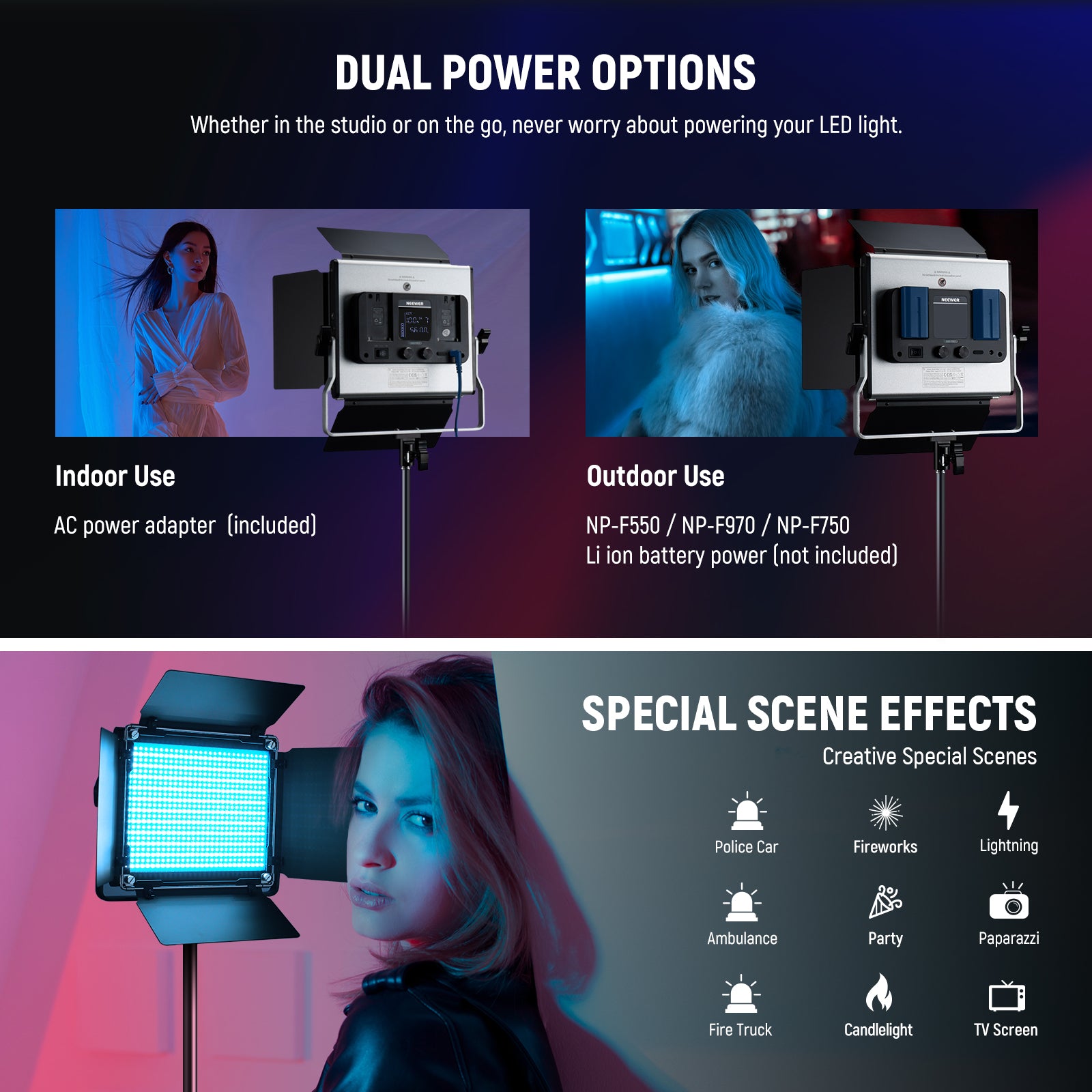 NEEWER Upgraded RGB660 PRO II RGB LED Light features many special scene effects.