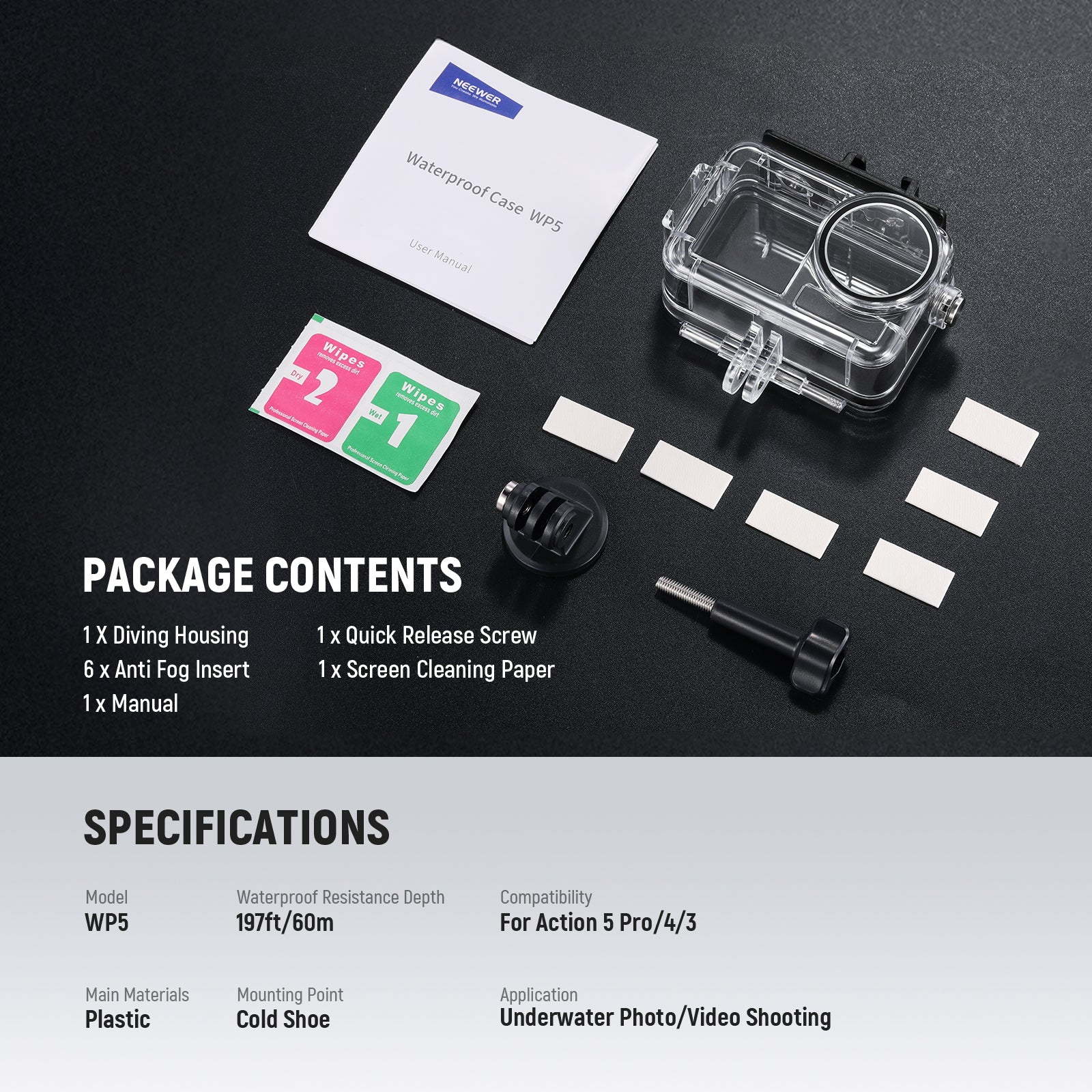 Package Contents and Specifications of the NEEWER WP5 Waterproof Housing for Action 5 Pro/Action 4/Action 3