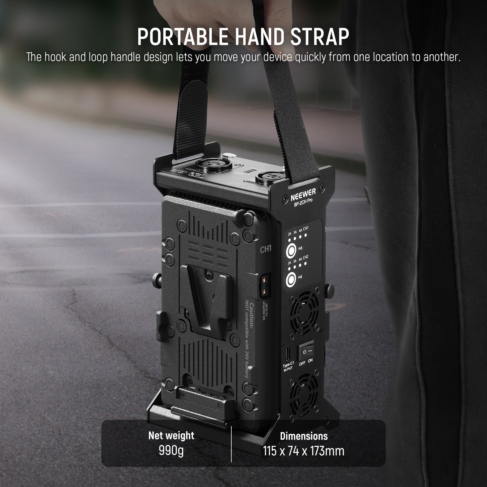 NEEWER BP-2CH Pro Dual Channel V Mount Battery Charger features the hook and loop handle design.