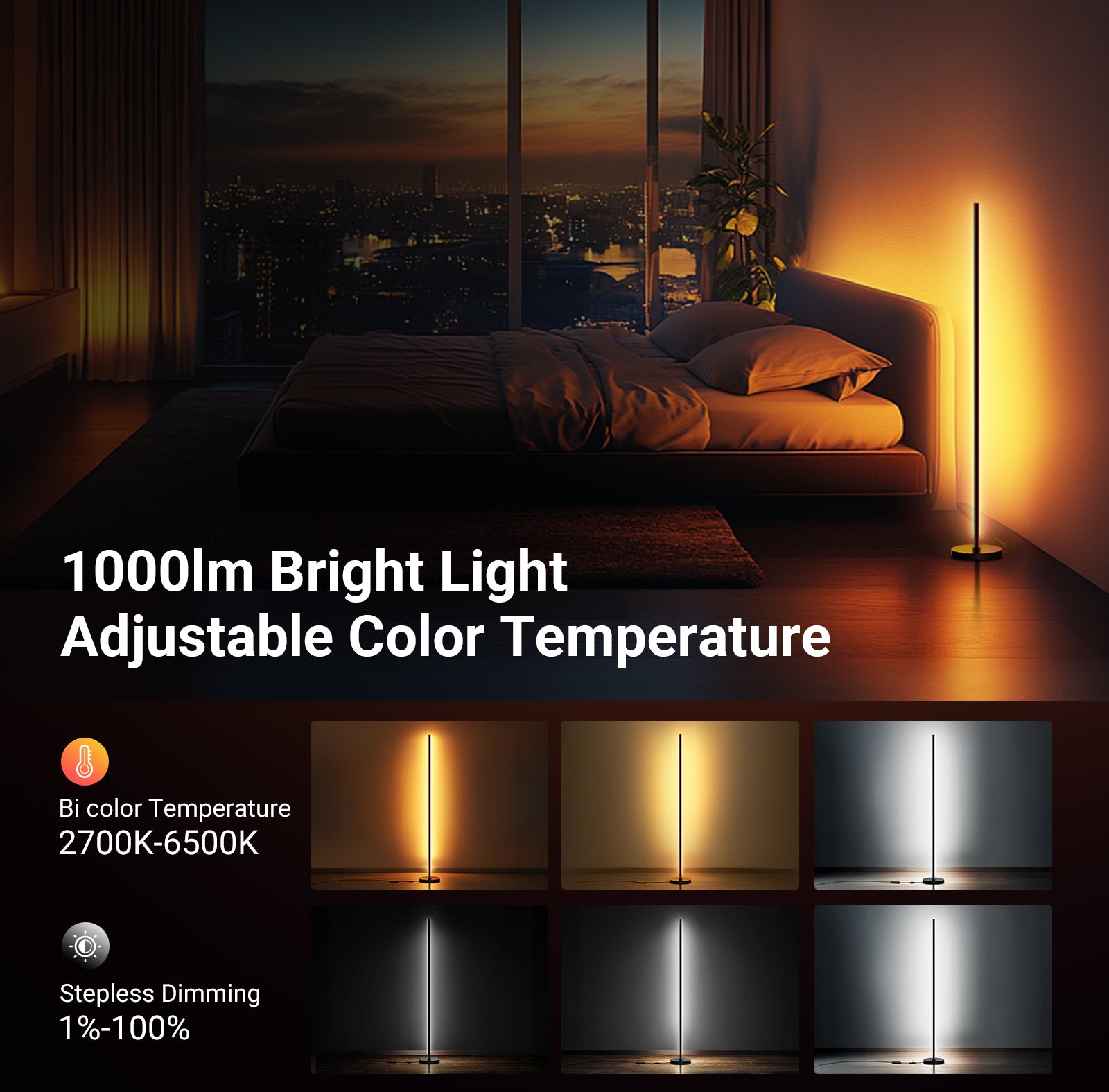 The LED RGB corner light bar floor lamp with 168 RGBW LEDs offers 1000lm and adjustable 2700K-6500K