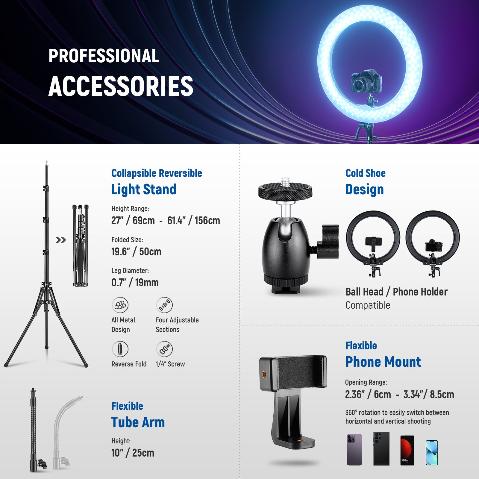 Accessories of the NEEWER RGB18 II 18 Inch RGB LED Ring Light