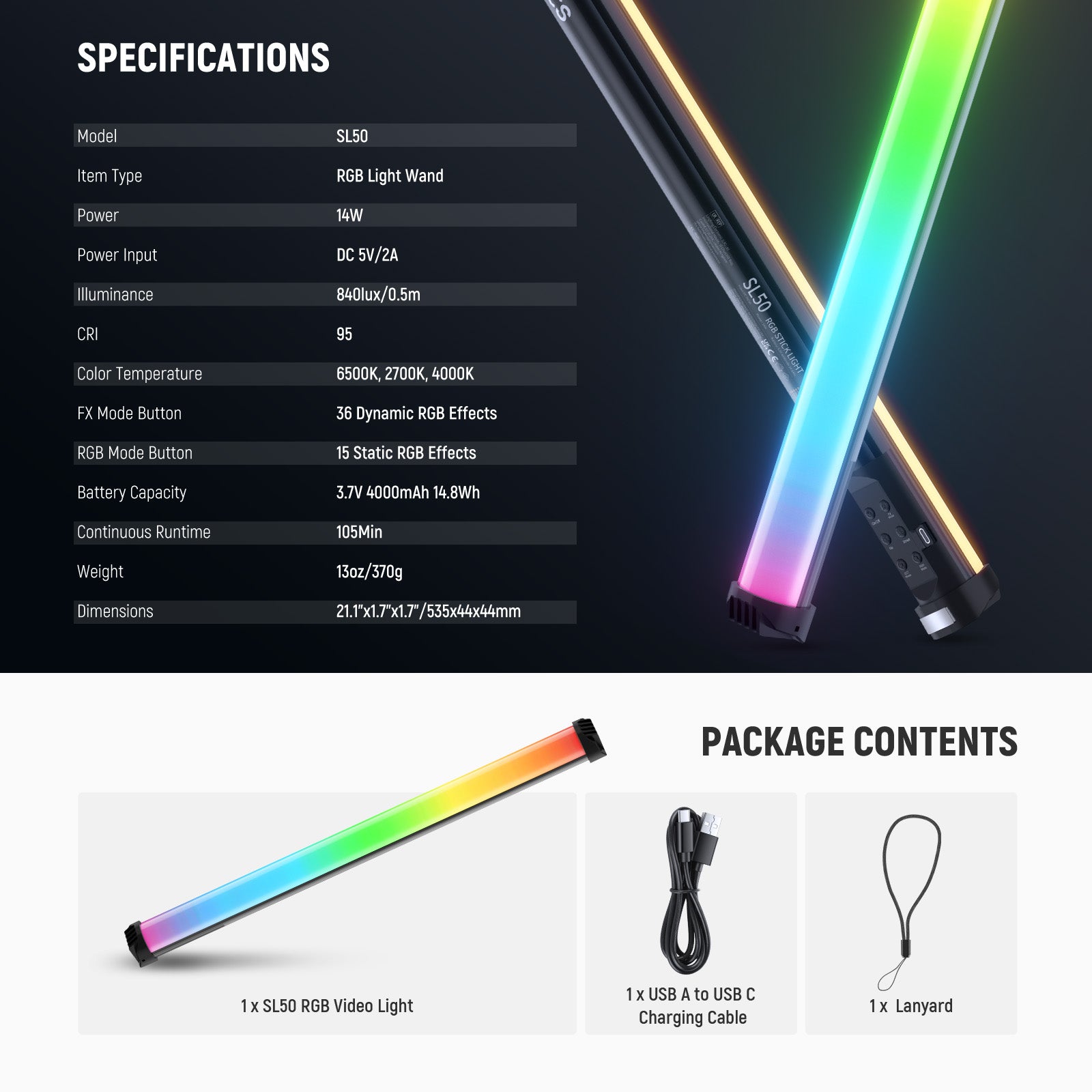 Specifications of the NEEWER SL50 Magnetic Handheld Light Wand