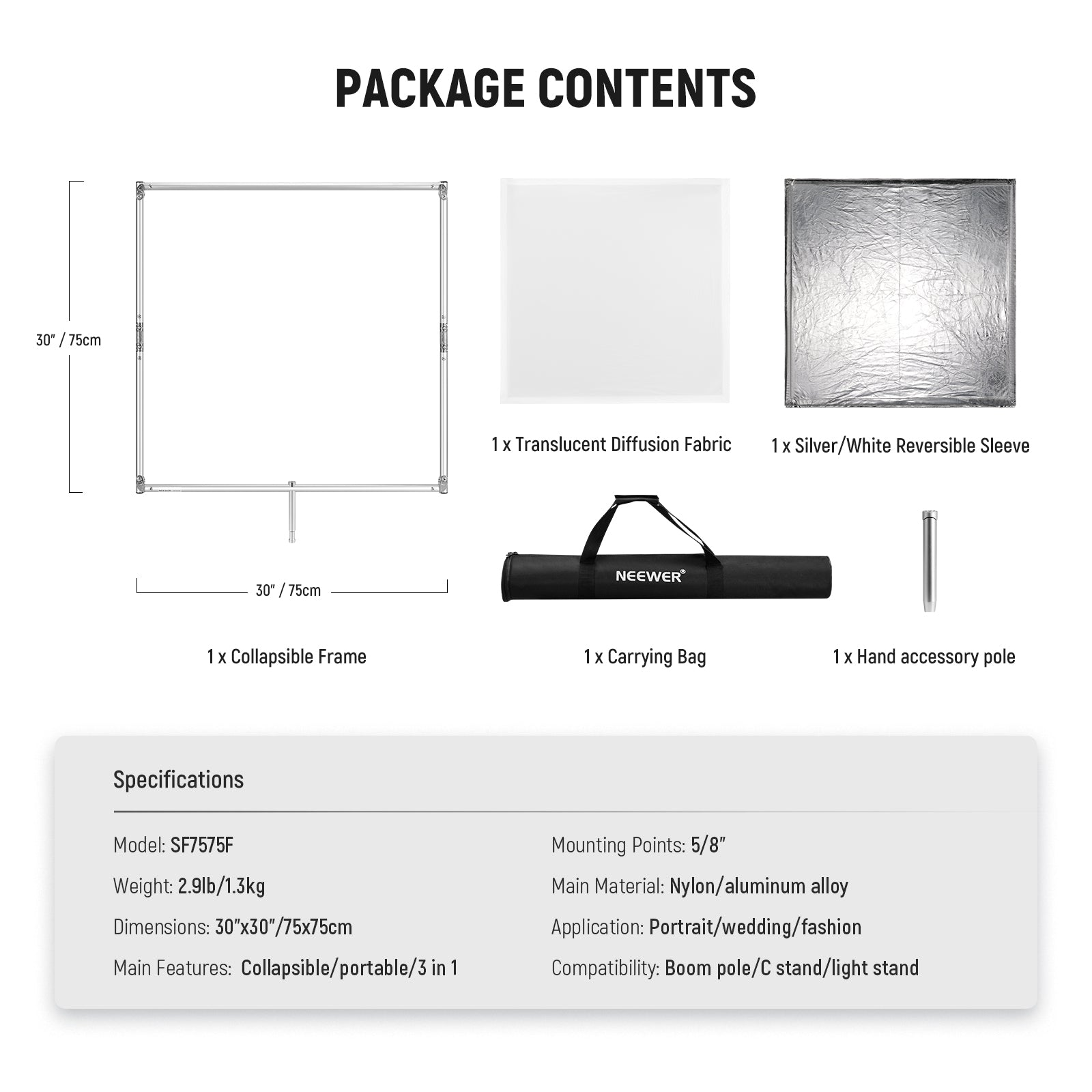 Package Contents of the NEEWER SF7575F Collapsible Photography Reflector