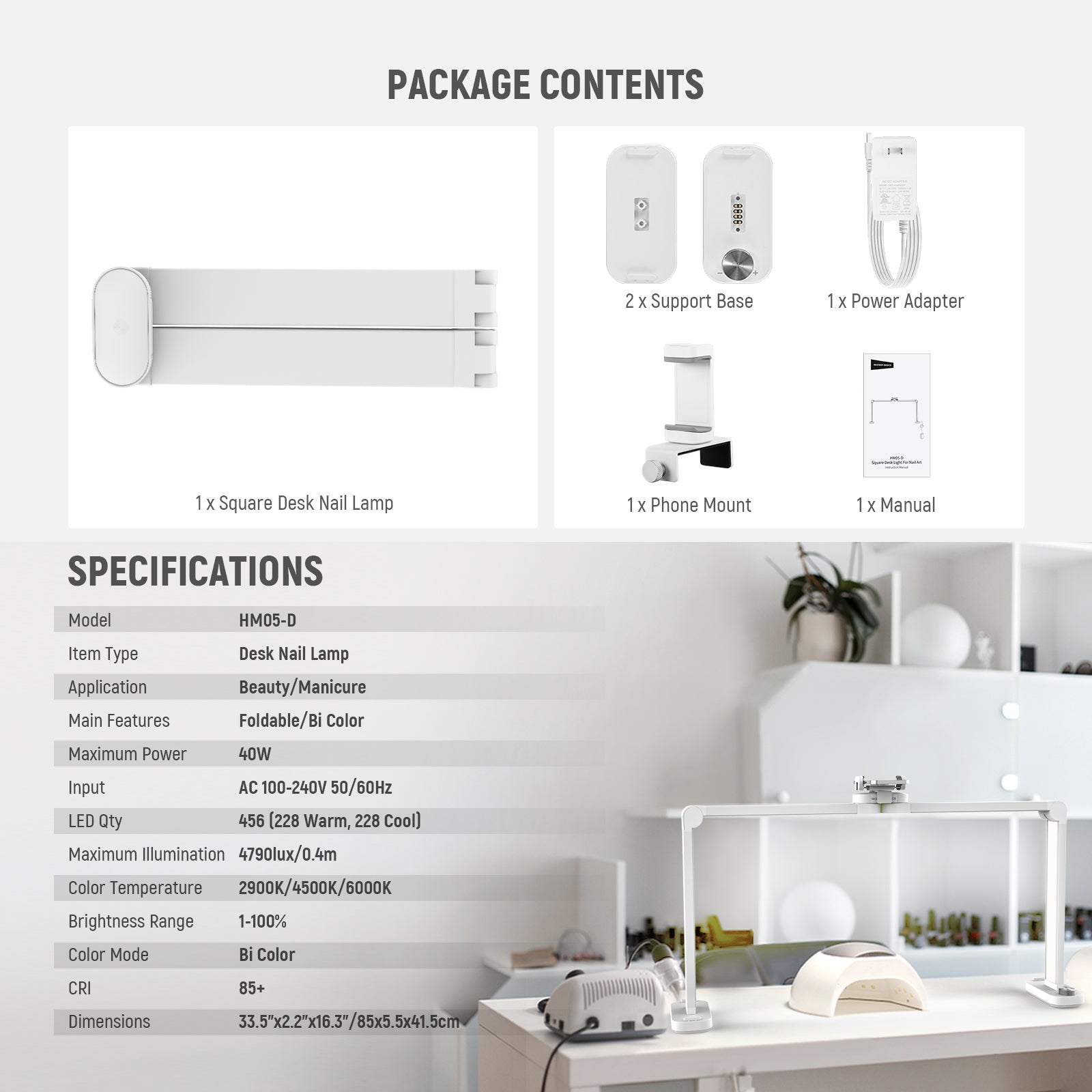 This package includes a NEEWER HM05-D Foldable LED Desk Nail Light, two support bases, a phone mount, and more.