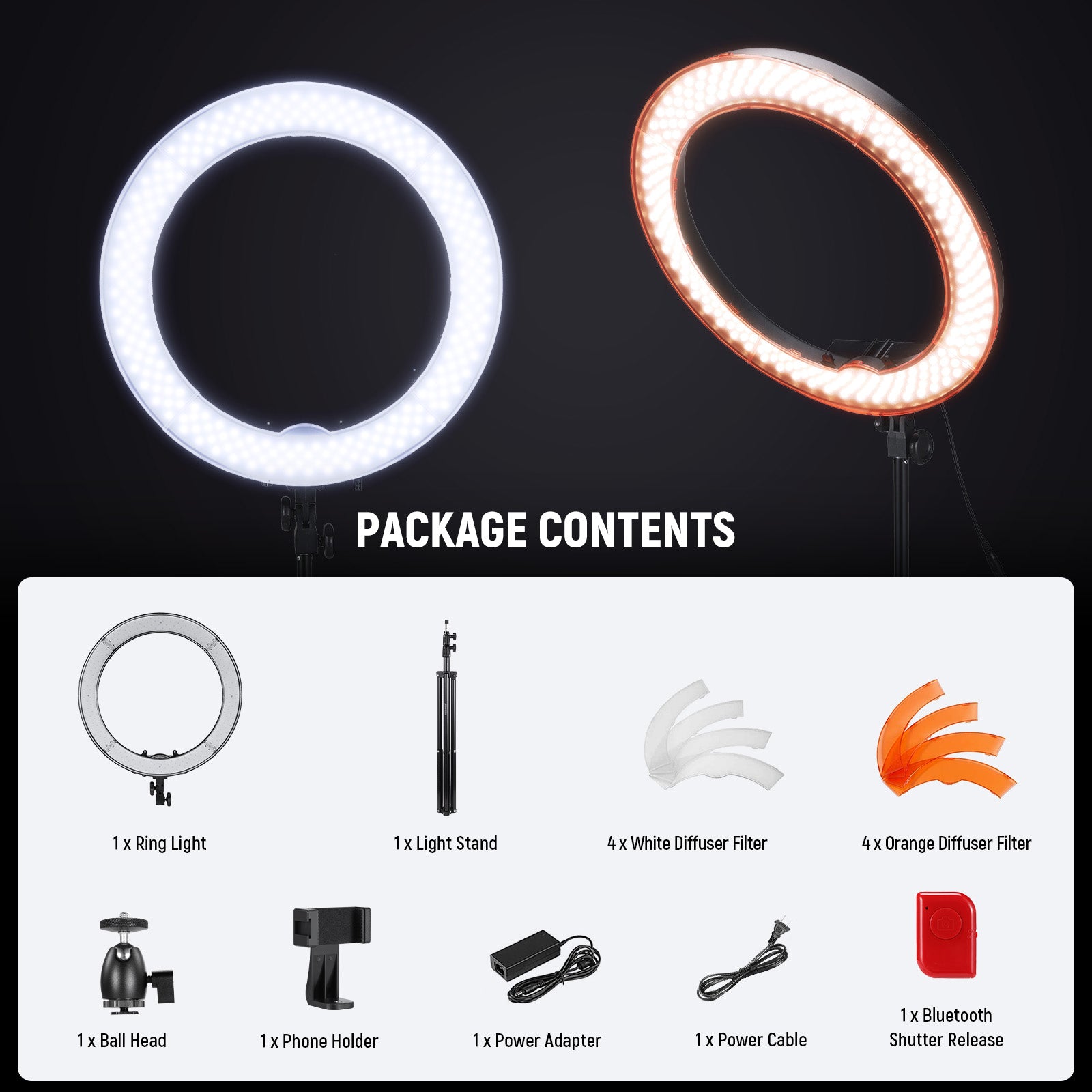 Package Contents of the NEEWER RL-18 18 Inch Large LED Ring Light