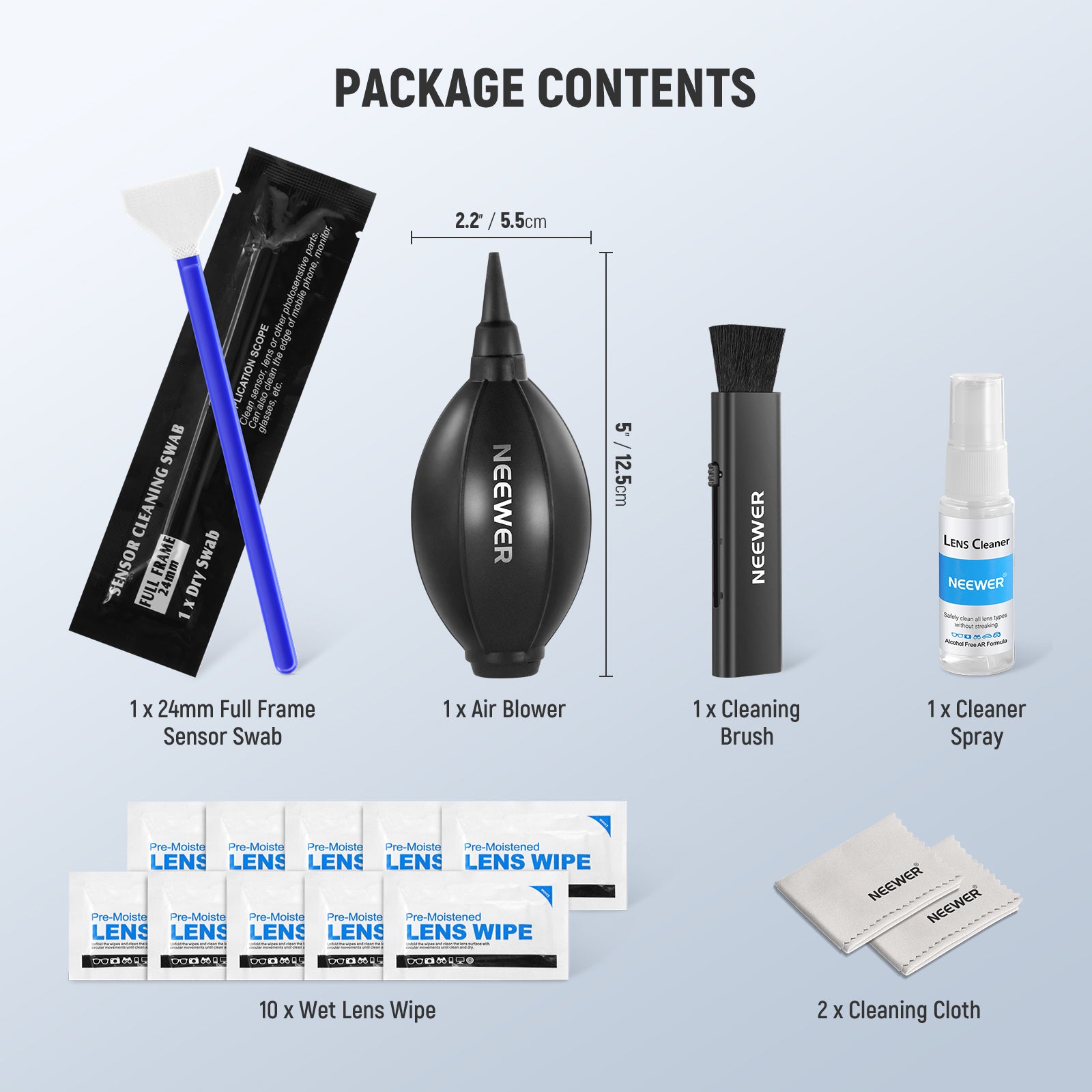 Package Contents of the NEEWER HM-44 16 in 1 Camera Lens Cleaning Kit